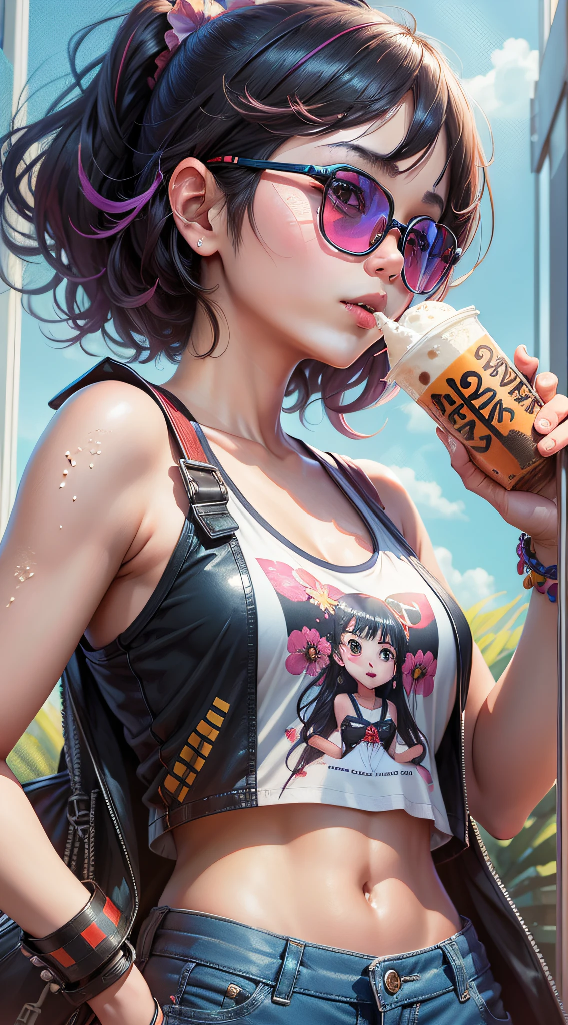 Breathtaking and sharp anime portrait of a Vietnamese girl in a summercore, bright vivid colors, half tones, benday dots, sharp features and sunglasses, loose sleeveless t-shirt, short pants, boba milk tea, Heatwave in helm by Rutkowski, WLOP, Artgerm, Muccia, Rockwell