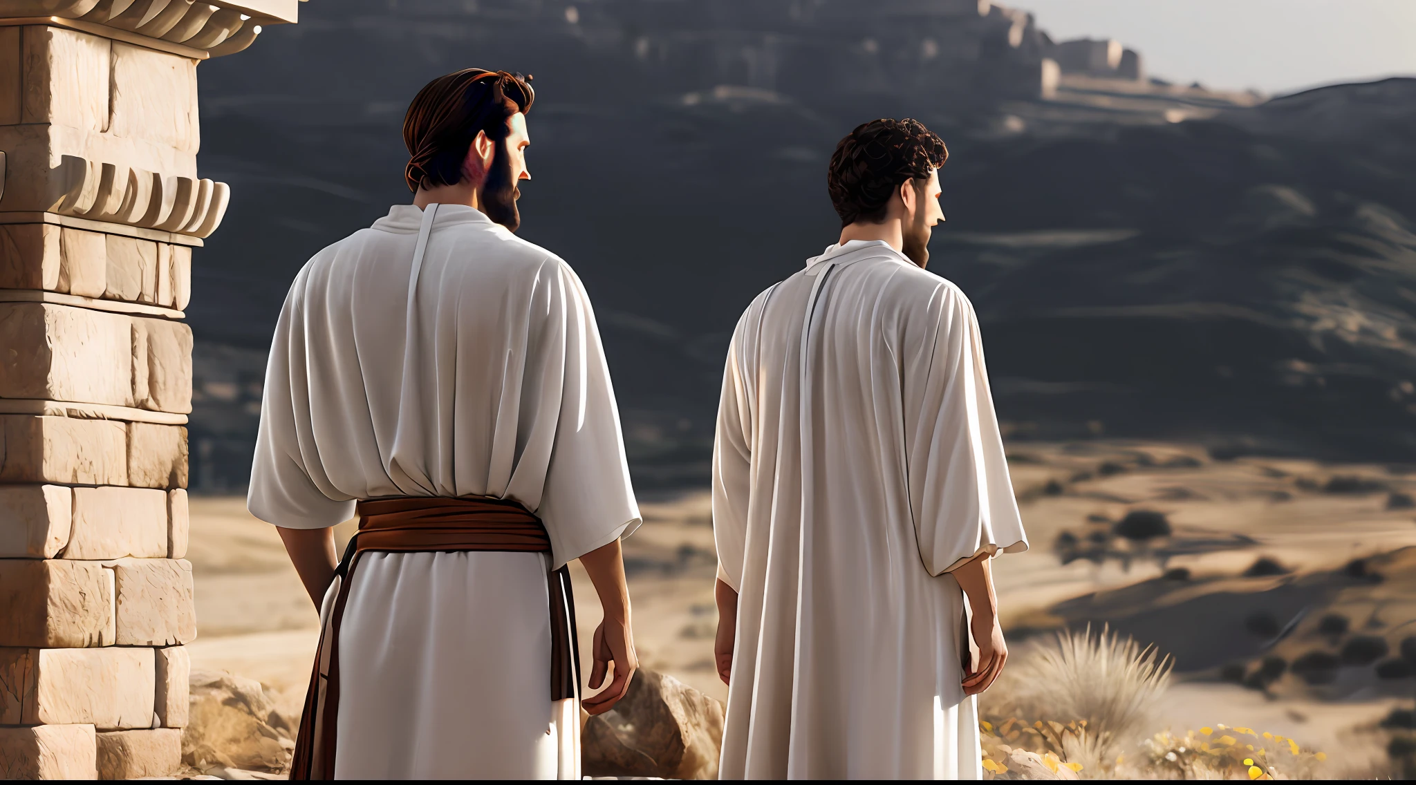 Ancient Israel, male back view, white clothes, 1st century, wilderness town, 8k, RAW photography, top quality, masterpiece: 1.5, ulra high resolution, photorealistic: 1.5, cinematic light, soft volumetric lighting: 1.5, realistic, photorealistic: 1, detailed skin, professional lighting, photography, sharp focus, detail, professional lighting, photon mapping, Detailed and complex environment, highly detailed, top quality, artistic photography, photorealistic concept art, soft natural volumemetric cinematic perfect light, mid-journey, detailed hands,