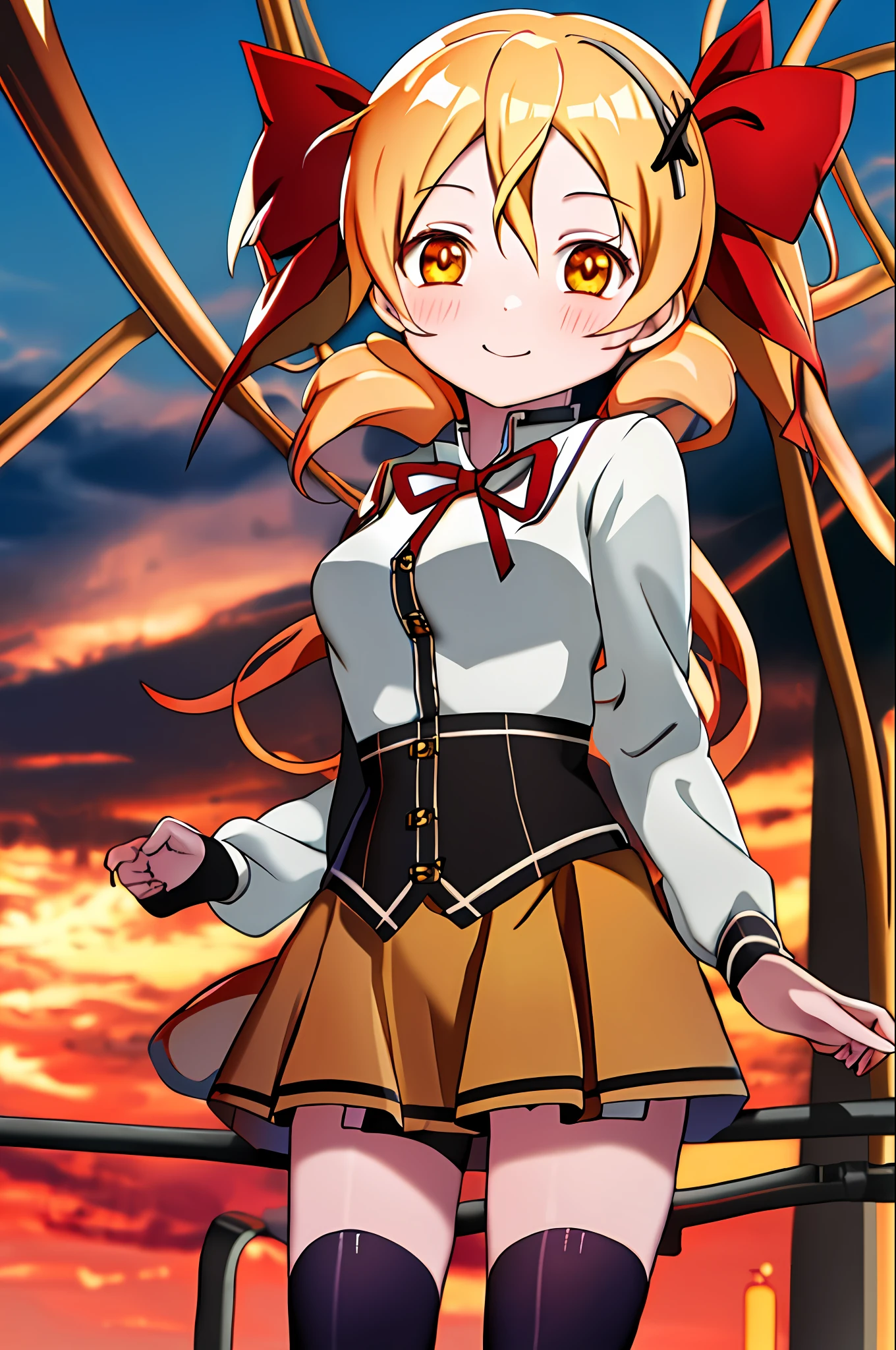 masterpiece, best quality, highres, hs1, red eyes, yellow eyes, twintails, hair ribbon, long sleeves, red bow, pink cardigan, black thighhighs, plaid skirt, red ribbon, black choker, garter straps, school uniform, outdoors, cowboy shot, standing, smile