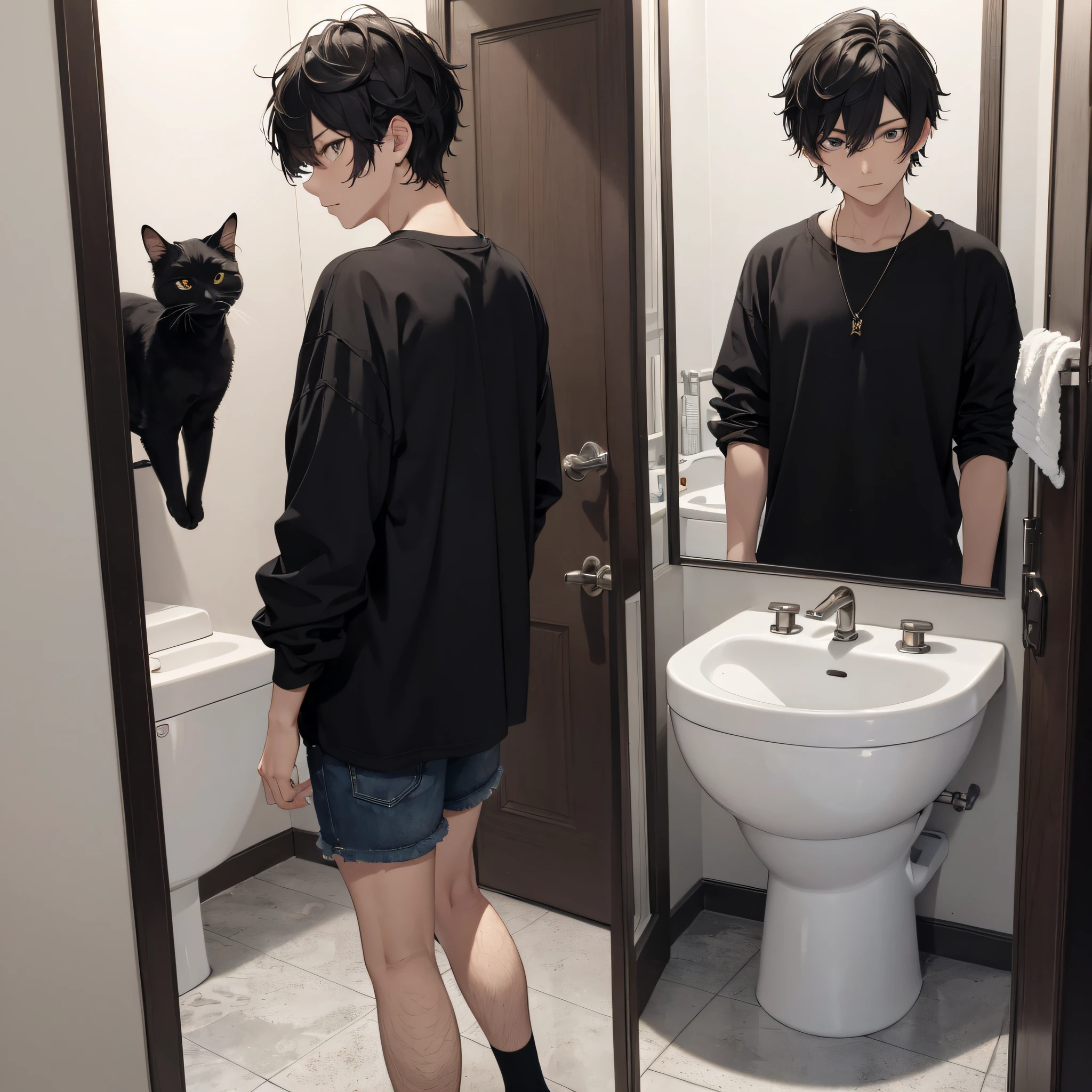 Absurd resolution, high resolution, (masterpiece: 1.4), hyper-detail, young man's messy short black hair, black casual clothes, weird room, toilet doorway, black cat, toilet with a lot of weird scratches