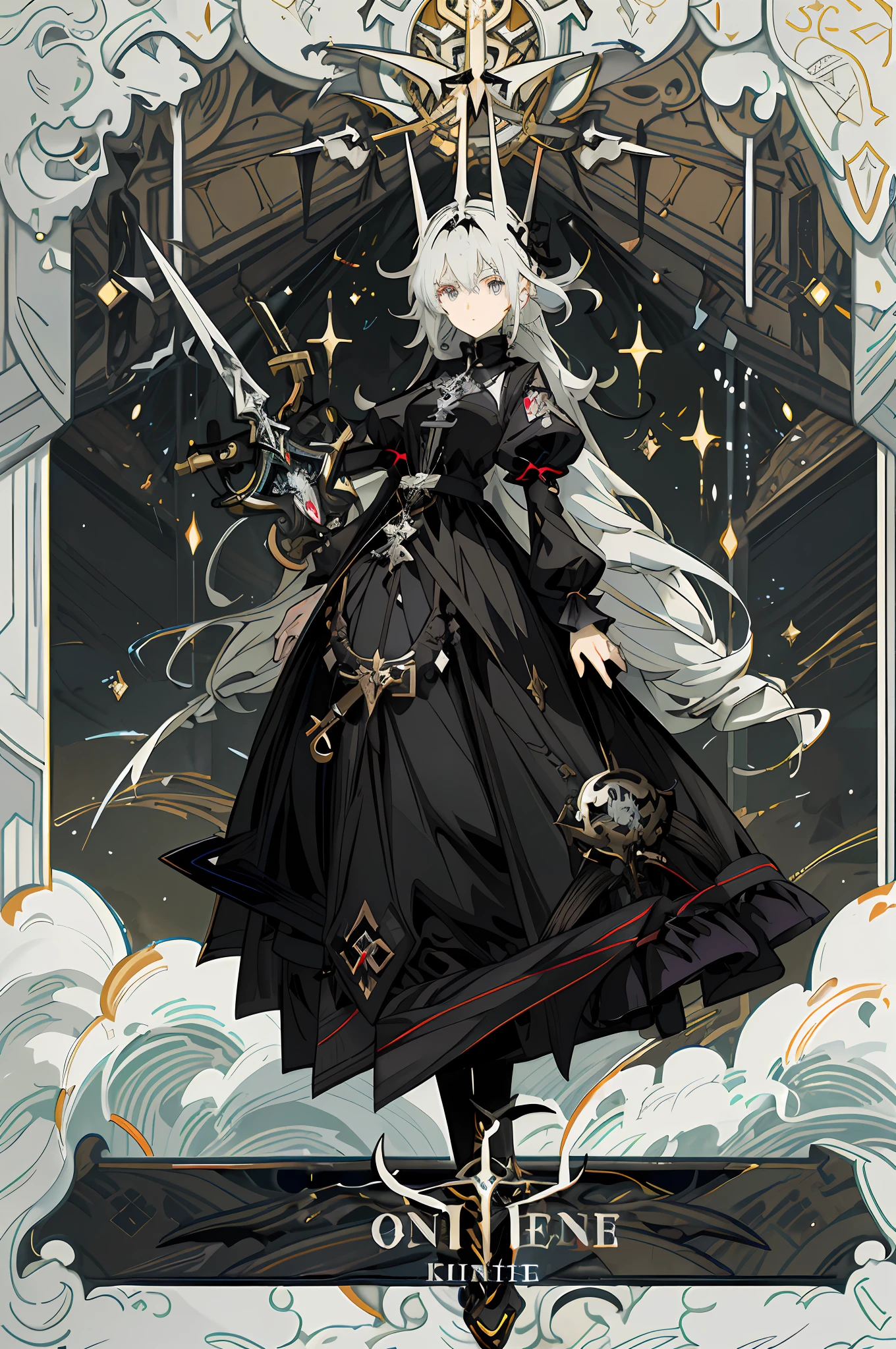 anime character dressed in black and white standing in front of a clock, cushart krenz key art feminine, white haired deity, from arknights, detailed key anime art, shadowverse style, trending on artstation pixiv, anime girl wearing a black dress, official character art, key anime art, anime fantasy illustration, by Yang J