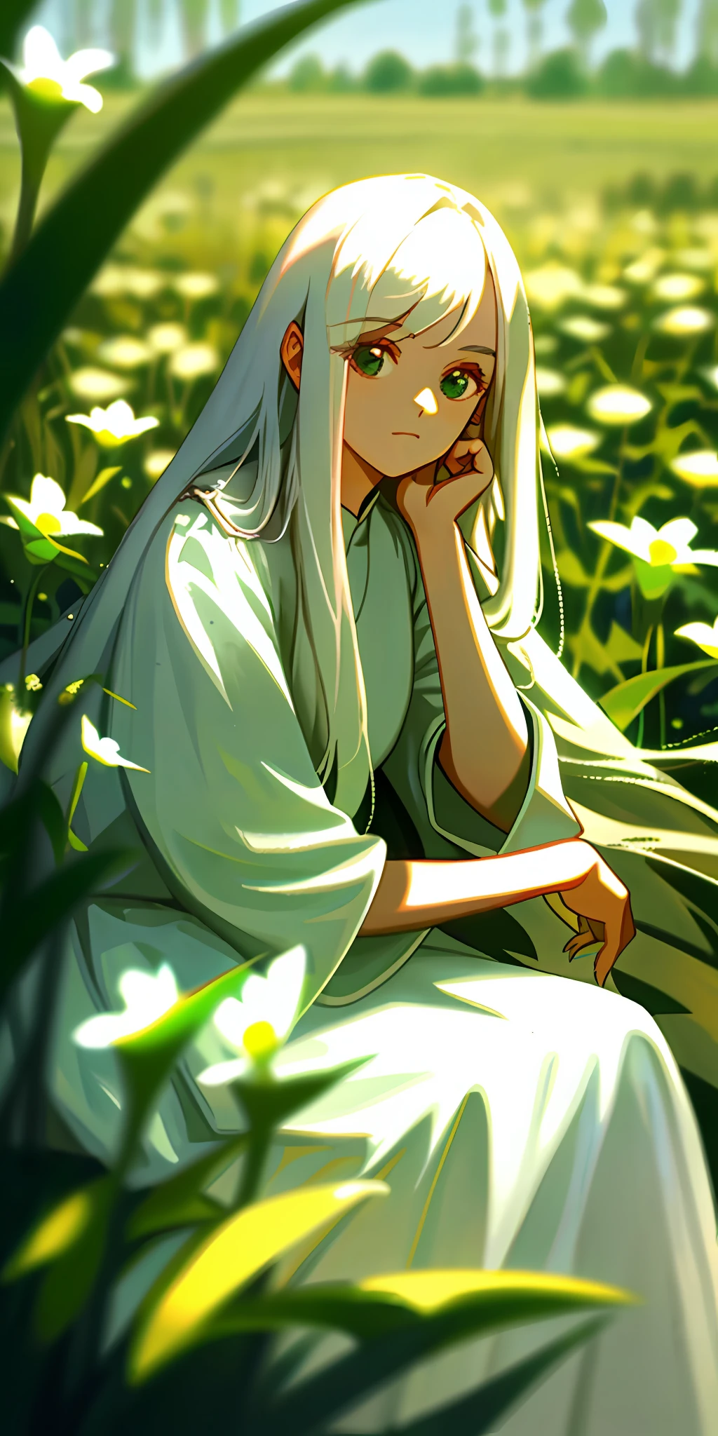 (masterpiece, best quality),1girl with long white hair sitting in a field of green plants and flowers, her hand under her chin, warm lighting, white dress, blurry foreground