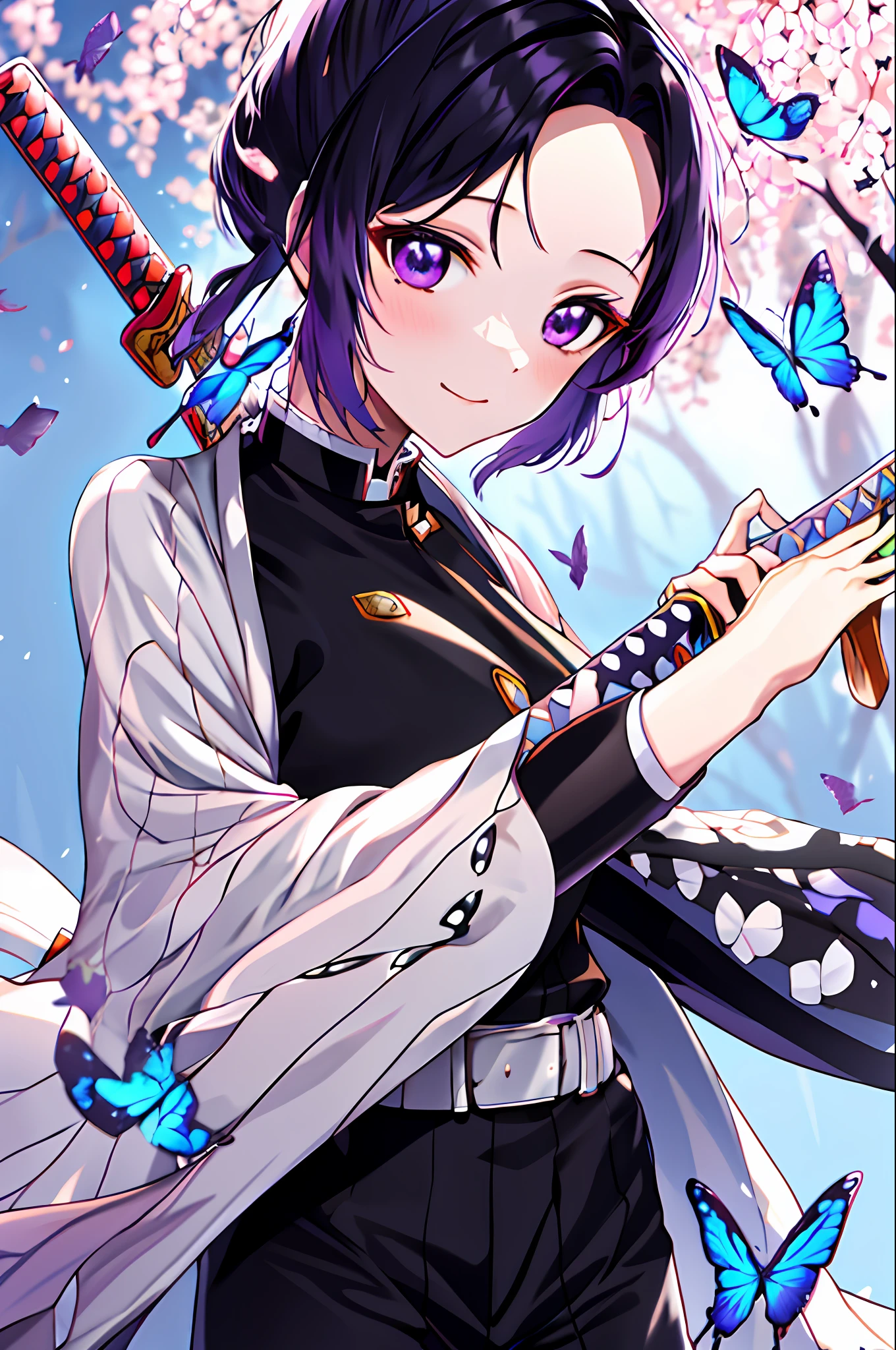 masterpiece, best quality, highres, 1girl, solo, kochou shinobu, butterfly hair ornament, purple eyes, multicolored hair, short hair, parted bangs, haori, wide sleeves, long sleeves, black pants, black jacket, belt, cowboy shot, holding weapon, sword