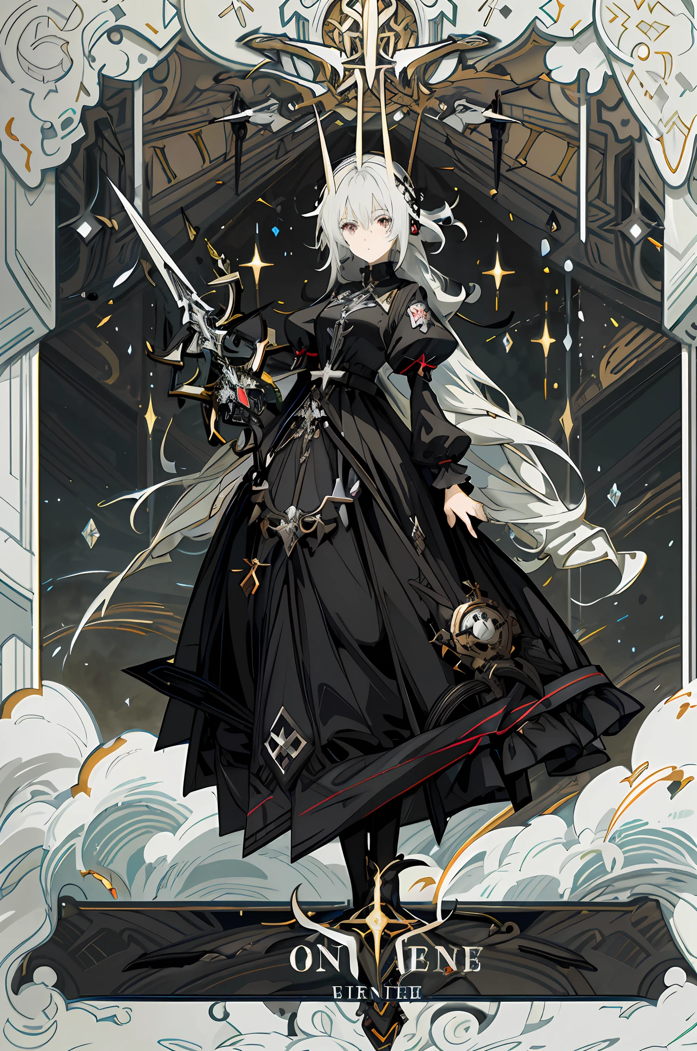 anime character dressed in black and white standing in front of a clock, cushart krenz key art feminine, white haired deity, from arknights, detailed key anime art, shadowverse style, trending on artstation pixiv, anime girl wearing a black dress, official character art, key anime art, anime fantasy illustration, by Yang J