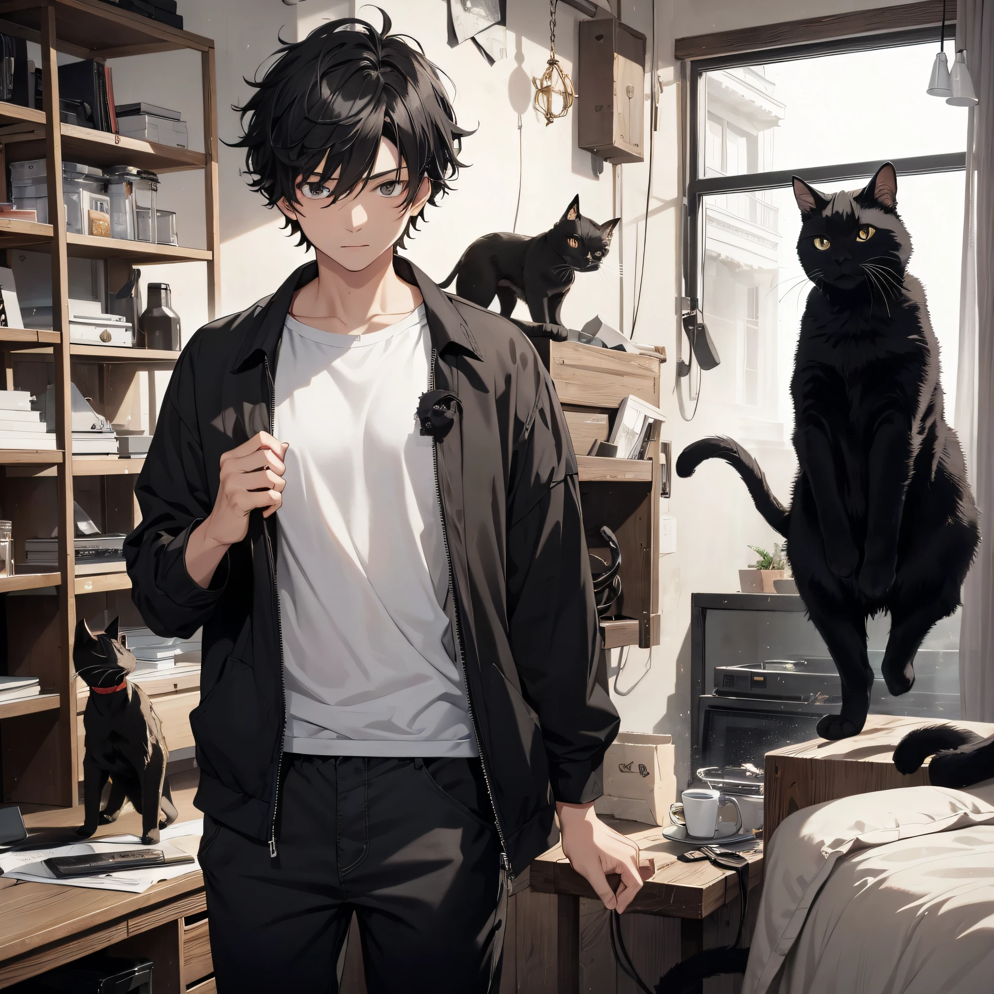 Absurd resolution, high resolution, (masterpiece: 1.4), hyper-detail, young man messy short black hair, black casual clothes, weird room, holding a black cat