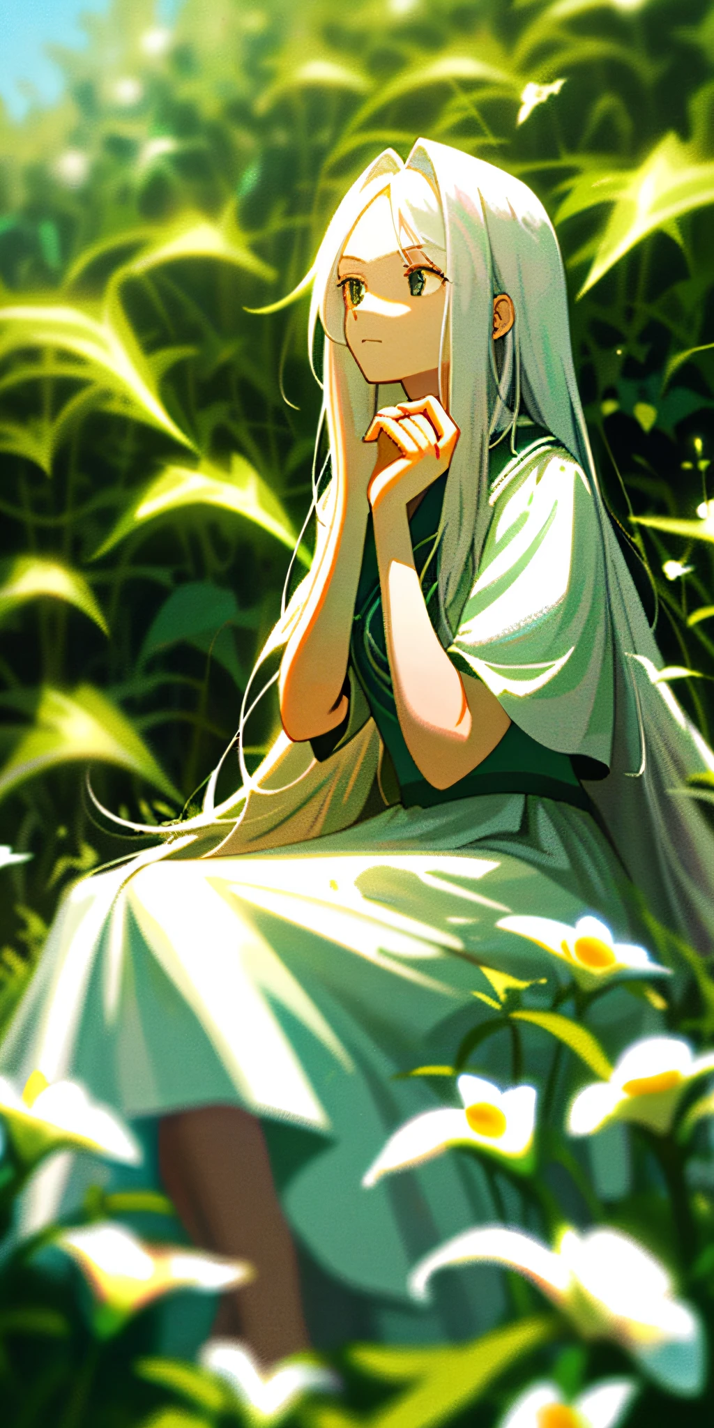 (masterpiece, best quality),1girl with long white hair sitting in a field of green plants and flowers, her hand under her chin, warm lighting, white dress, blurry foreground