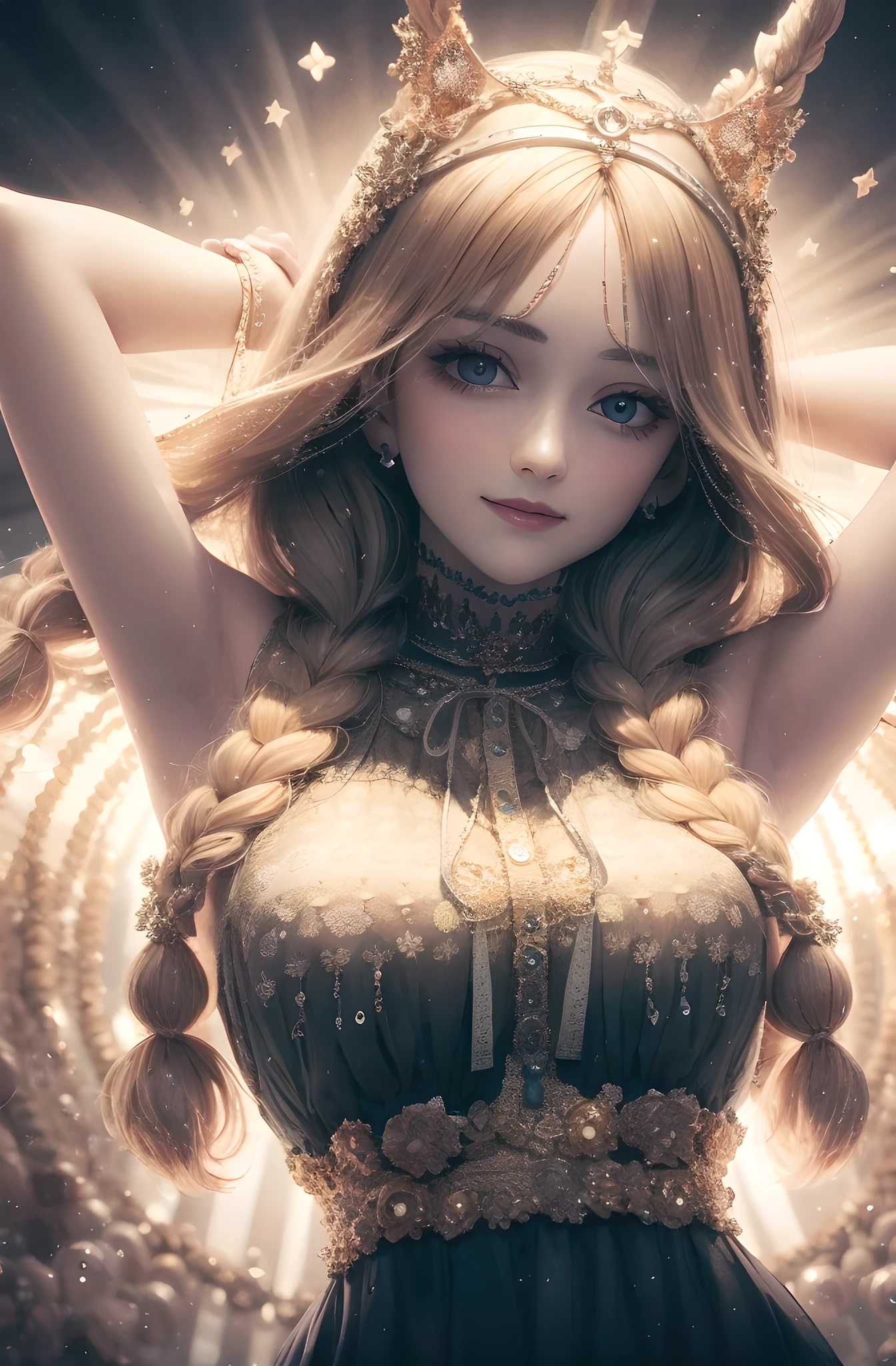 best quality, masterpiece, upper body,
(adult:1.6) hungarian woman, (smirk:0.4), arms behind head,
braided golden hair,
sparkling eyes,
victorian sundress,
floating light particles, centered,