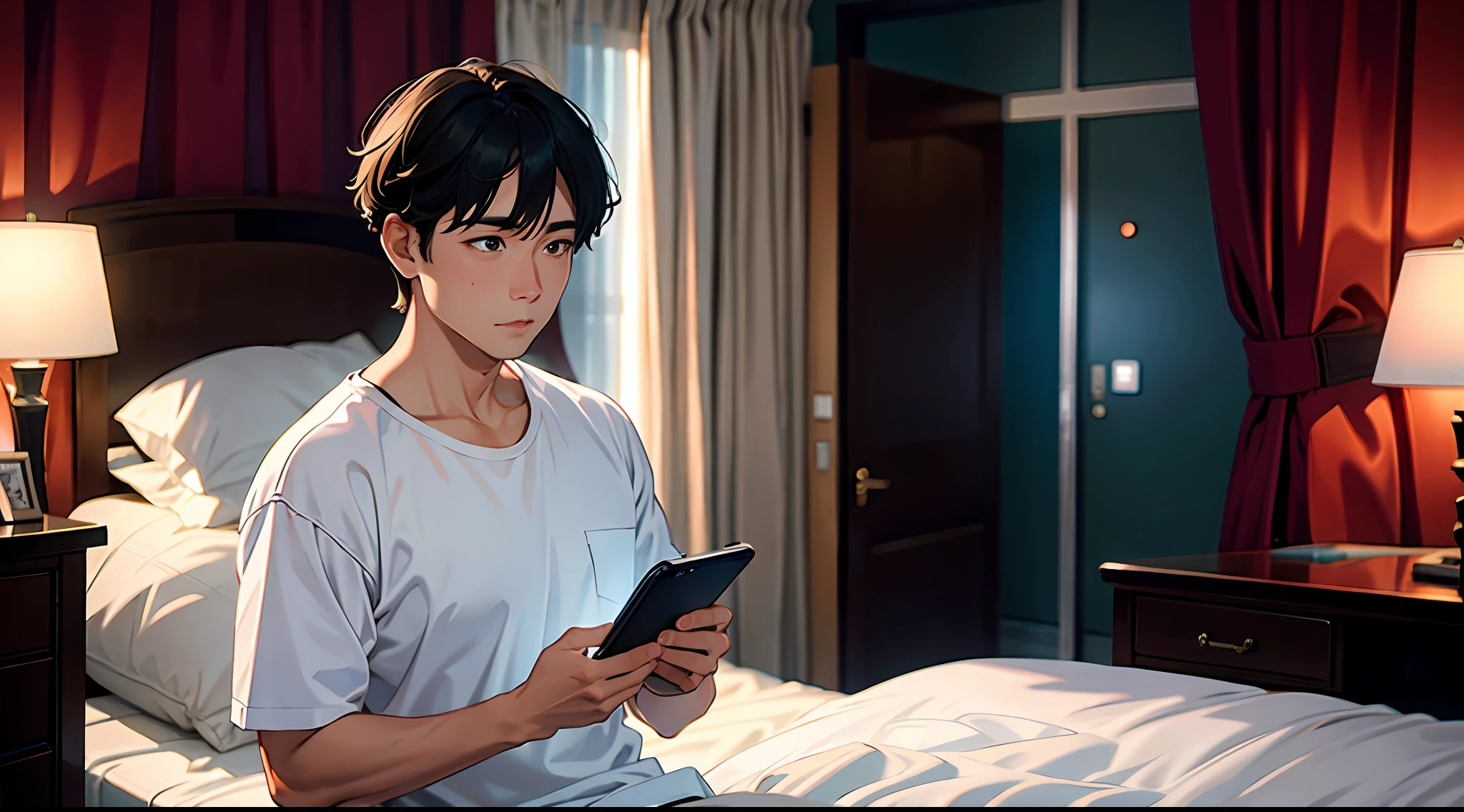 Ultra HD, masterpiece, best quality, a man looking at his phone in hotel bedroom