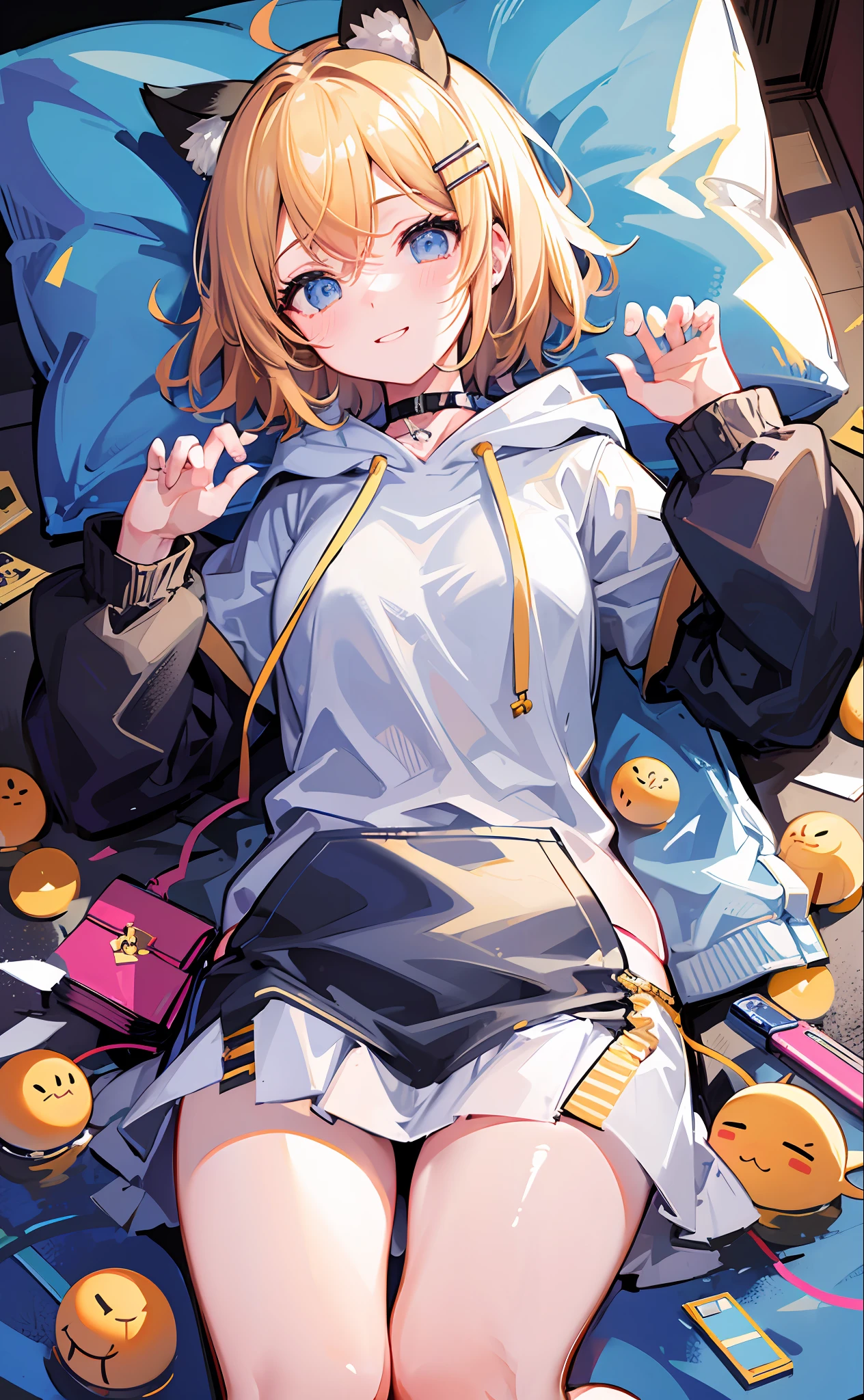 (Masterpiece), (Best Quality), (Illustration), (Ultra Detailed), (High Resolution), Perfect Anatomy, Absurdity, One Girl, (Kagamine_Rin), (Vocaloid), Short Hair, Hair Clips, Big Smile, (Blonde), Very Cute Girl, Small, Young, Delicate, Attention to Girl, Bedroom, Cute, She, Smile, Best Moment, Middle School, Blue Eyes, Bright Eyes, Lively eyes, cute, standing, thighs, spoiled, innocent, love love, love viewer, clean skin, beautiful body, cute face, delicate arms, boyfriend's eyes, lively eyes, neat, bare legs, dabo dabo hoodie, perfect hood, hoodie based on white, black shorts, beautiful girl, blue sky, full of energy, best girlfriend, happiness, cat ears, sleeping, lying on the bed, Sleeping on your back on the bed, staring at me, blush