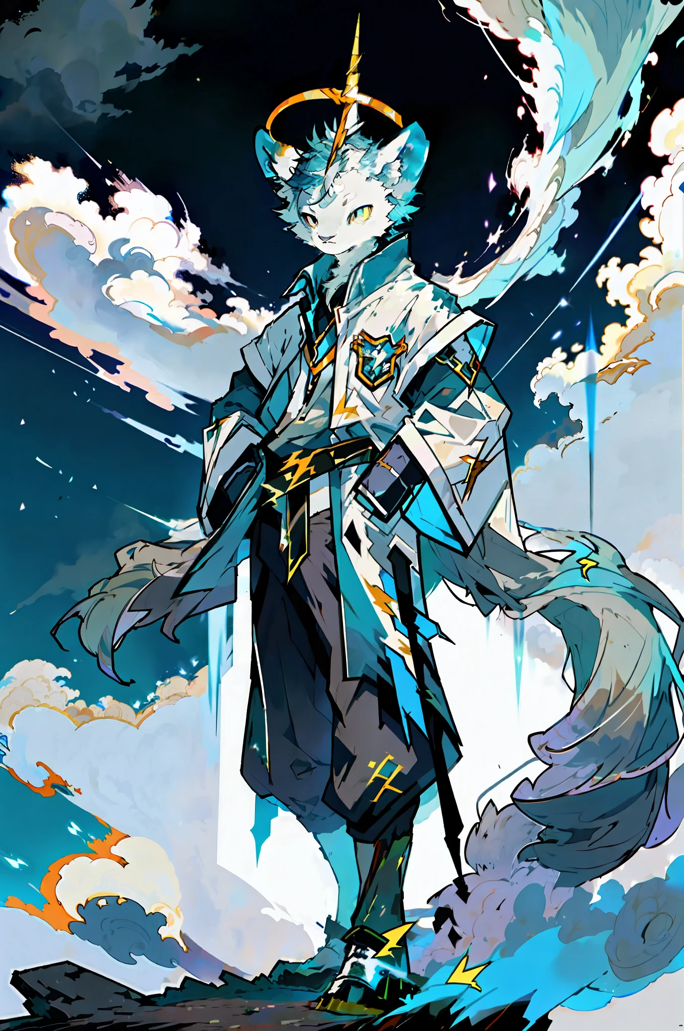 (highest image quality), hair (BAD) fluttering, thunderbolt, clouds, mysterious, subject unicorn, beast, four-legged levitation, (dynamic angle and pose), (lightning + wind: 1.2), no characters, dark sky, can see the three-dimensional sense of clouds, make good use of color accent symbols.