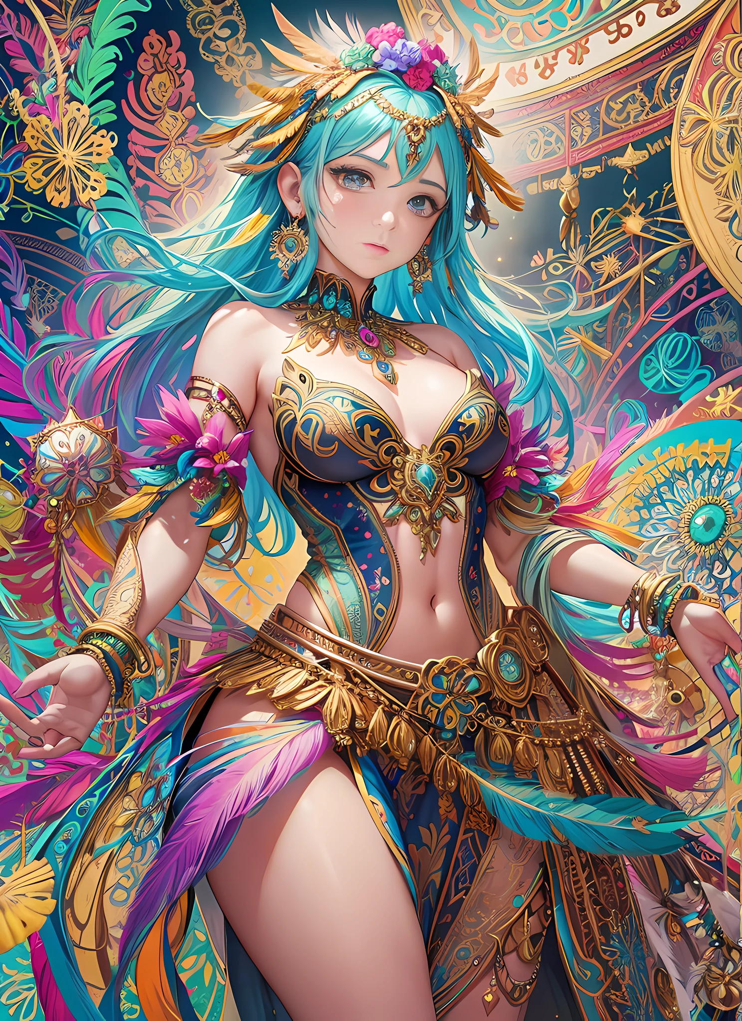 A girl, small breasts, bare shoulders, blonde hair, colorful feathers, metal ornaments, colorful flowers, particles, light, (masterpiece, top quality, best quality, official art, beautiful and aesthetic:1.2), (1girl:1.3), extremely detailed, (fractal art:1.1), ( Colorful:1.1)(flowers:1.3),highest detailed,(zentangle:1.2), (dynamic pose), (abstract background:1.3), (shiny skin), (many colors:1.4), (earrings:1.4), (feathers:1.4), full body image