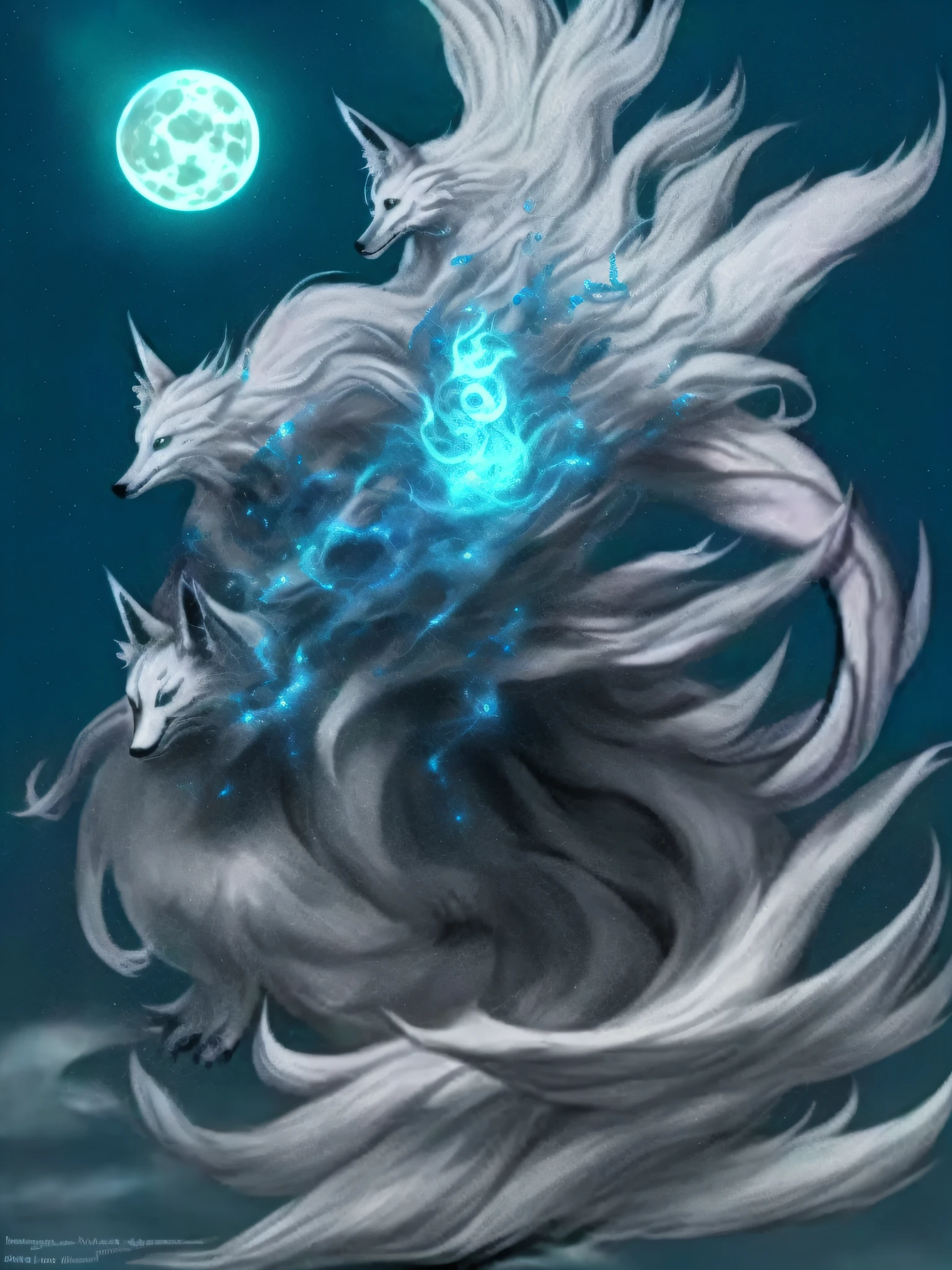 Starry Sky, Full Moon, Flowing Fur, Spirit Fantasy Concept Art, Ethereal Fox, Realistic Creature Concept, Fantasy Creature Concept Art, Creature Design, Fluffy Tail, Ghost Form, Nine Layers, Creature Concept Art, Conceptual Creature Character Art