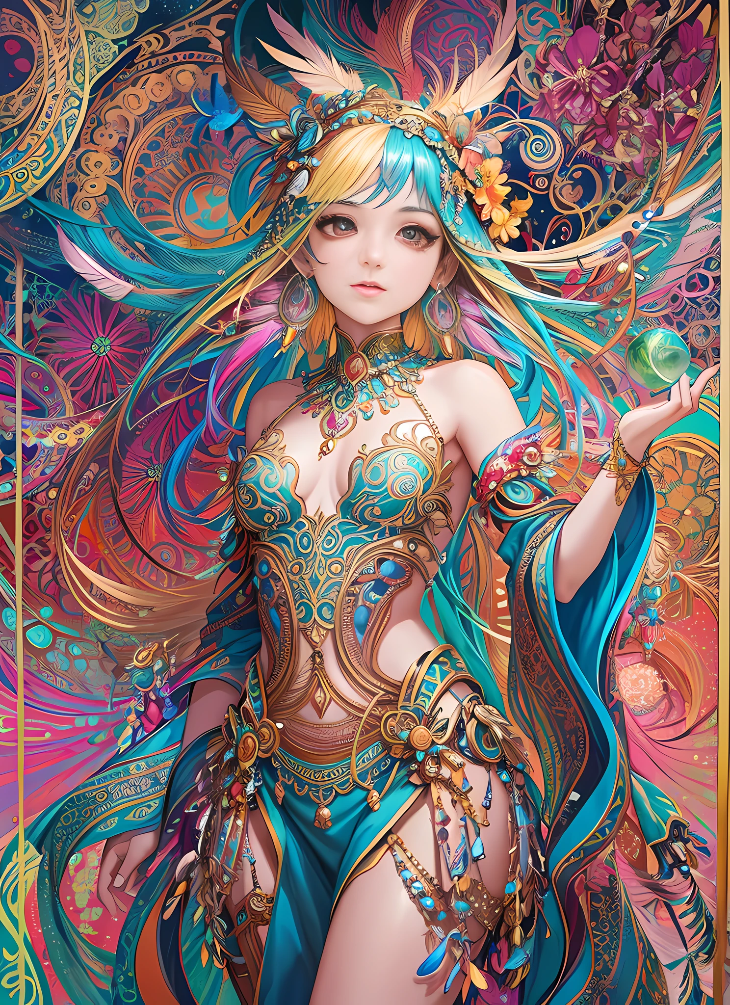 A girl, small breasts, bare shoulders, blonde hair, colorful feathers, metal ornaments, colorful flowers, particles, light, (masterpiece, top quality, best quality, official art, beautiful and aesthetic:1.2), (1girl:1.3), extremely detailed, (fractal art:1.1), ( Colorful:1.1)(flowers:1.3),highest detailed,(zentangle:1.2), (dynamic pose), (abstract background:1.3), (shiny skin), (many colors:1.4), (earrings:1.4), (feathers:1.4), full body image