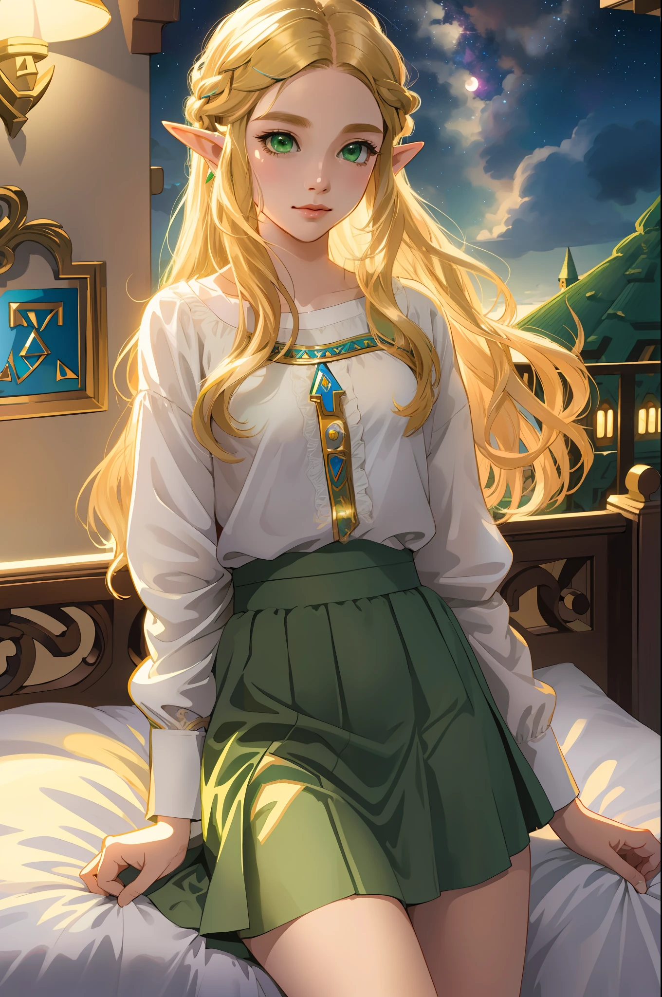Zelda ((masterpiece)), (illustration), ((best quality)), rainbow color, high resolution illustration, Amazing, highres, intricate detail, extremely detailed CG unity 8k wallpaper ((zelda)), small breast, naked, Blonde long hair, infatuation, (green eyes), NSFW, moonlight, night, bed, sexy short skirt, no panties