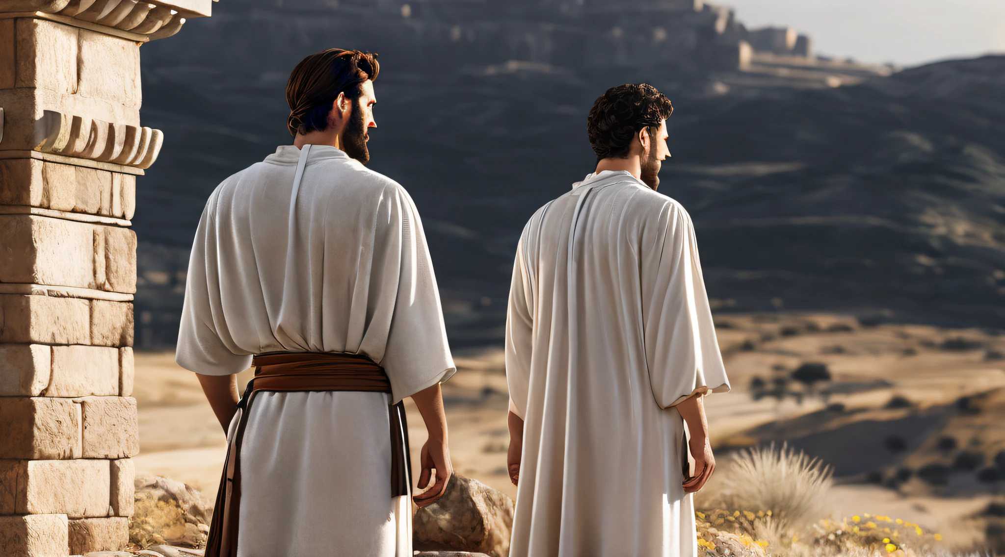 Ancient Israel, male back view, white clothes, 1st century, wilderness town, 8k, RAW photography, top quality, masterpiece: 1.5, ulra high resolution, photorealistic: 1.5, cinematic light, soft volumetric lighting: 1.5, realistic, photorealistic: 1, detailed skin, professional lighting, photography, sharp focus, detail, professional lighting, photon mapping, Detailed and complex environment, highly detailed, top quality, artistic photography, photorealistic concept art, soft natural volumemetric cinematic perfect light, mid-journey, detailed hands,