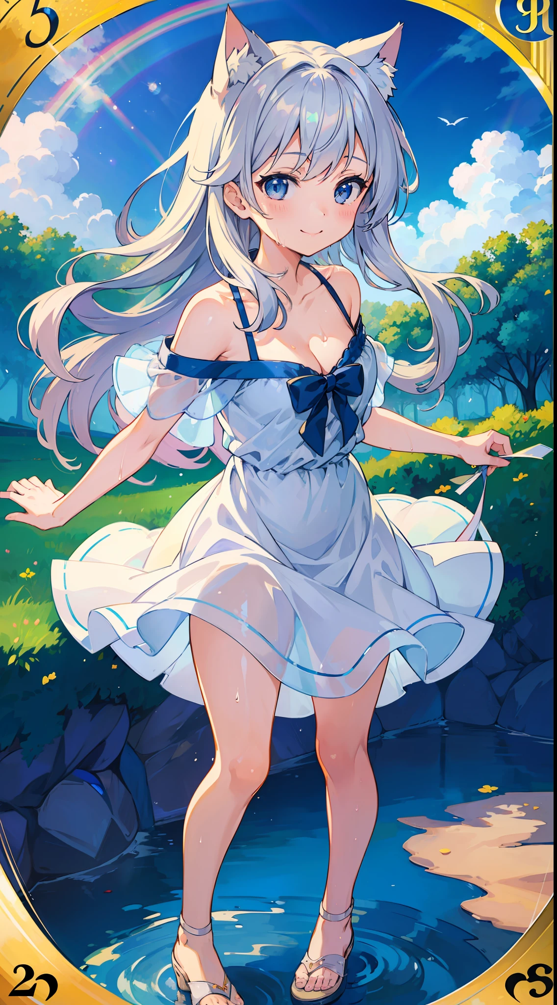 (Masterpiece), (Top Quality Anime Illustration), (Super Definition), One Girl, Solo, Silver-haired Beautiful Girl, Anime Loli, Cat Ear Loli, Petite, Cleavage Emphasis, Thigh Emphasis, White and Navy Blue Sundress, Short Sundress, Off Shoulder, Wet Sheer, Smile, After the Rain, Rainbow, Tarot Card Wind