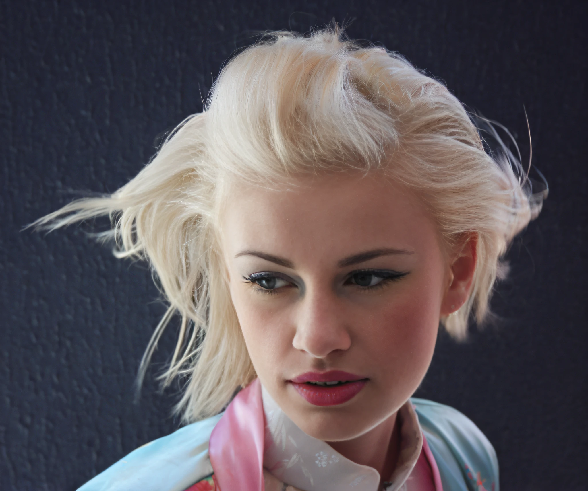 blond woman with colorful makeup and a pink scarf posing for a picture, 1 9 8 0 s hairsprayed hair, eighties look, 8 0's hairstyle, 90s make-up, 8 0's airbrush aesthetic, 80s hair, frown fashion model, futuristic look, inspired by Cindy Sherman, sci - fi look, eighties-pinup style