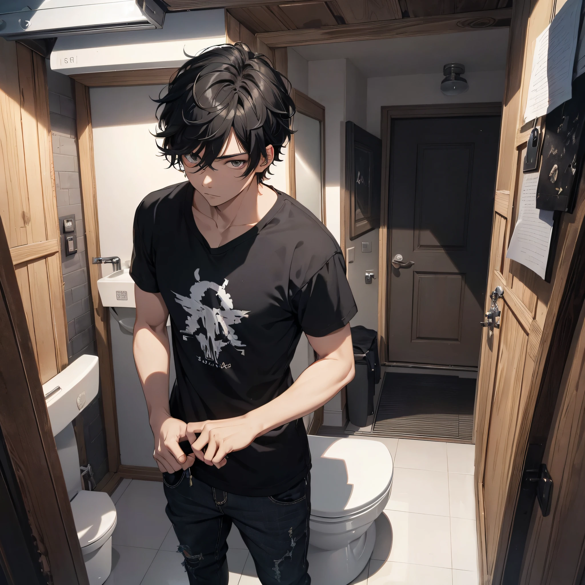 Absurd resolution, high resolution, (masterpiece: 1.4), hyper-detail, young man's messy short black hair, black casual clothes, weird room, toilet doorway, toilet with a lot of weird scratches