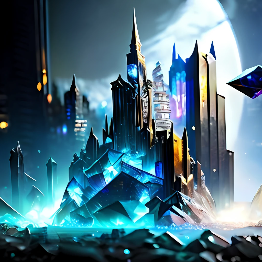Gotham city, Crystal and Energy and Light themed, epic splash art , plasticien, , abstract