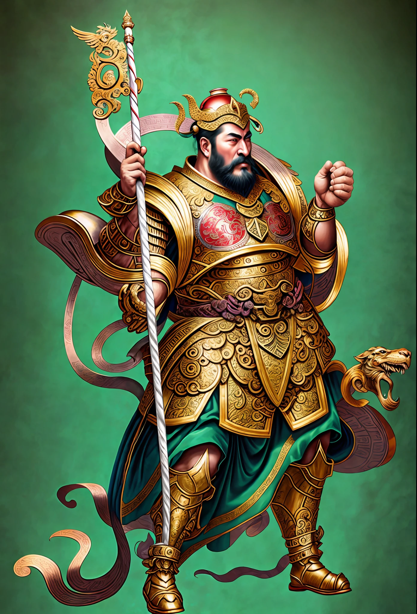 Close-up of a man with a white tiger, Guan Yu, Chinese mythology, fascinating male gods, ancient Chinese art style, a huge celestial giant god, legendary god holding a spear, ancient Chinese gorgeous,, Asura in Chinese mythology,,, traditional Chinese art, ancient swords, Chinese warriors in armor, green ribbons, detailed armor, anatomy-realistic digital painting portraits (old males: 1.3) humans (warriors: 1.3) black and gold complexes (heavy armor: 1.3), ((masterpieces)), ((Best Quality)), (Ultra Detailed), (Hyper-Real), (Highly Detailed CG Illustration), Intricate Details