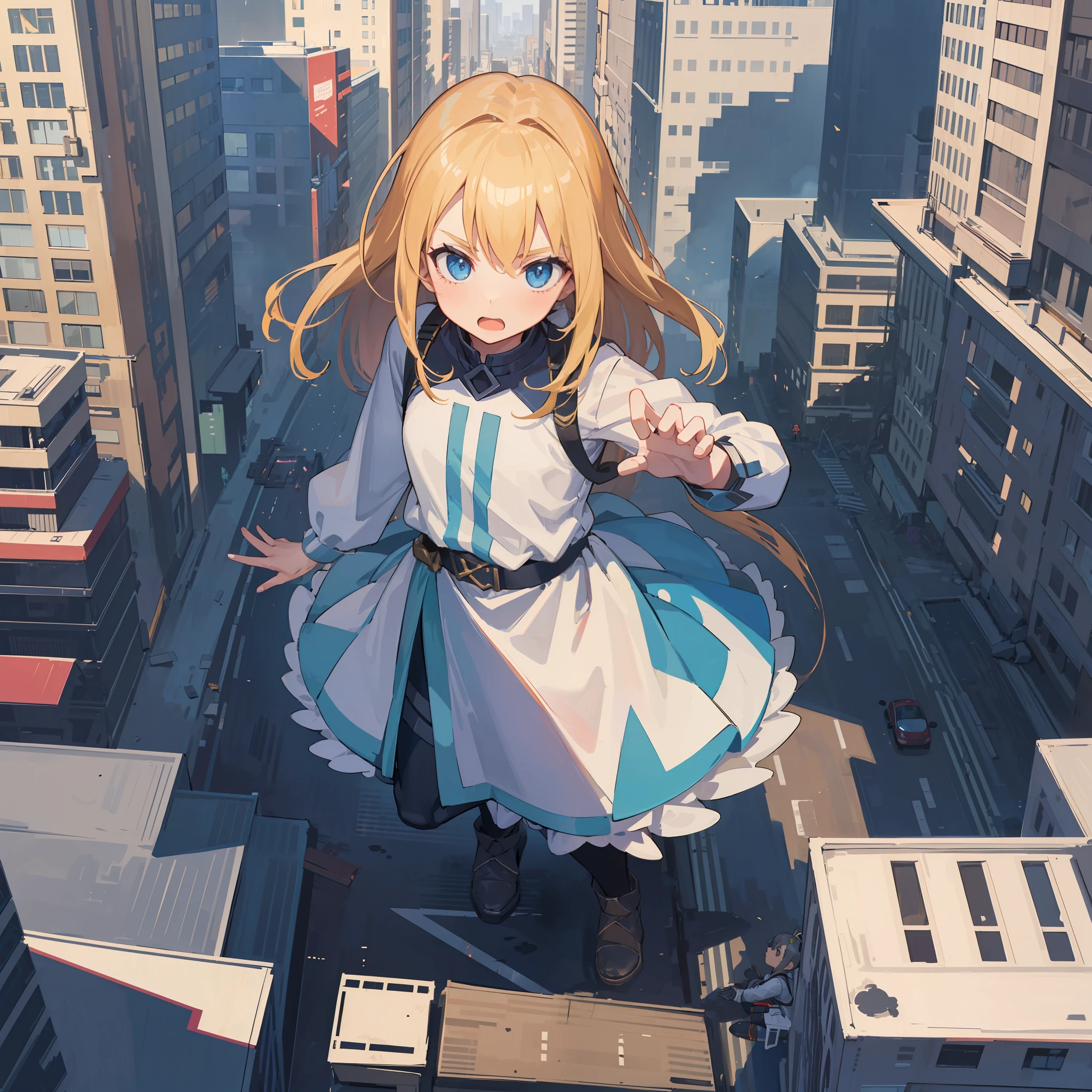 1girl , quadriceps, GTSCity, crawling in the middle of buildings, 50 meters tall, cute, holding a small boy, shocked, destroyed buildings, nice hands, best quality, masterpiece, top view, bigger than buildings, two legs