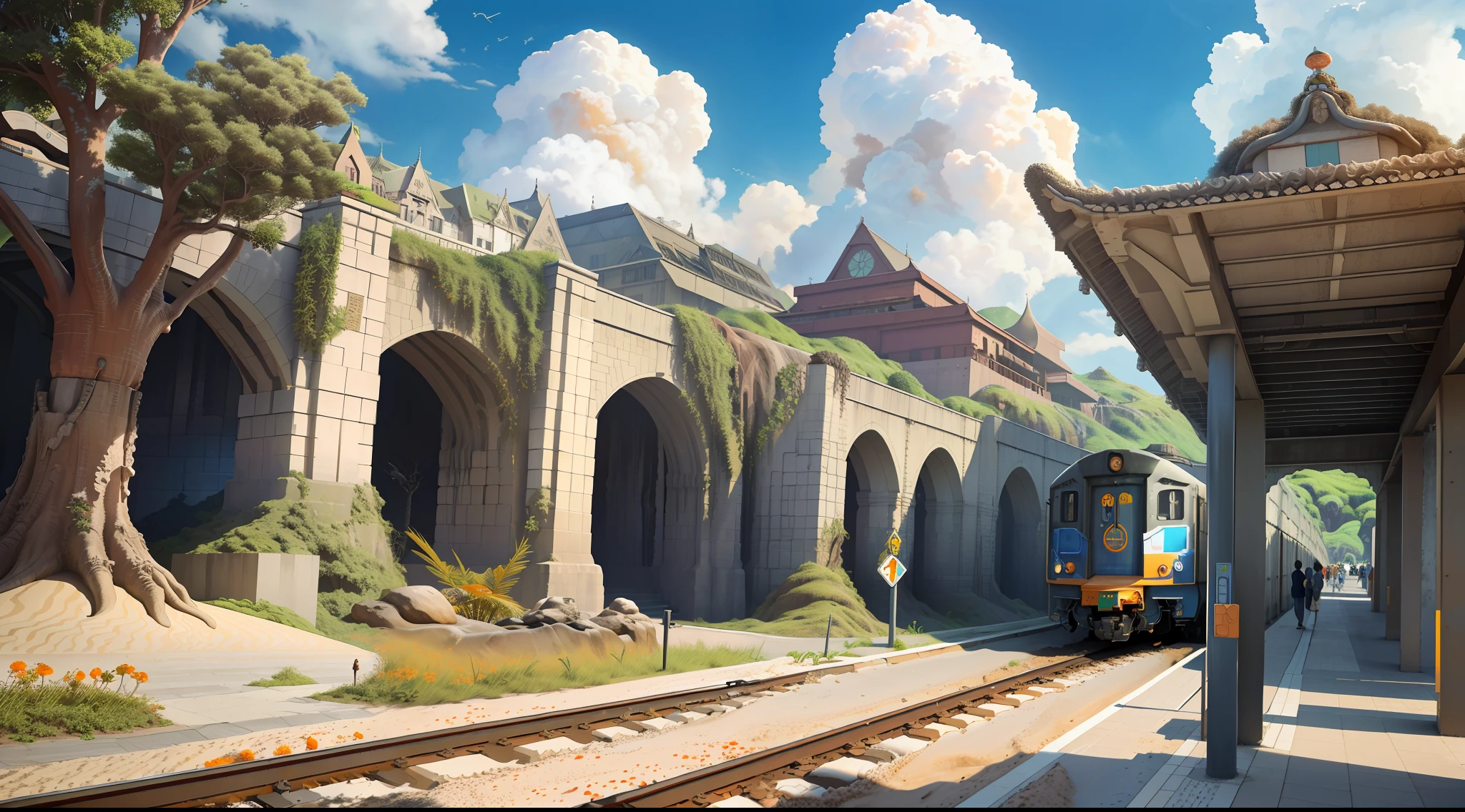 Ultra realistic giant orange rain tree, futuristic prehistoric village, surreal, masterpiece, highest quality, high quality, highly detailed CG, splash, sand fragments, fluffy clouds, super detail, HDR, photorealistic, ultra detail, railway, subway, overpass
