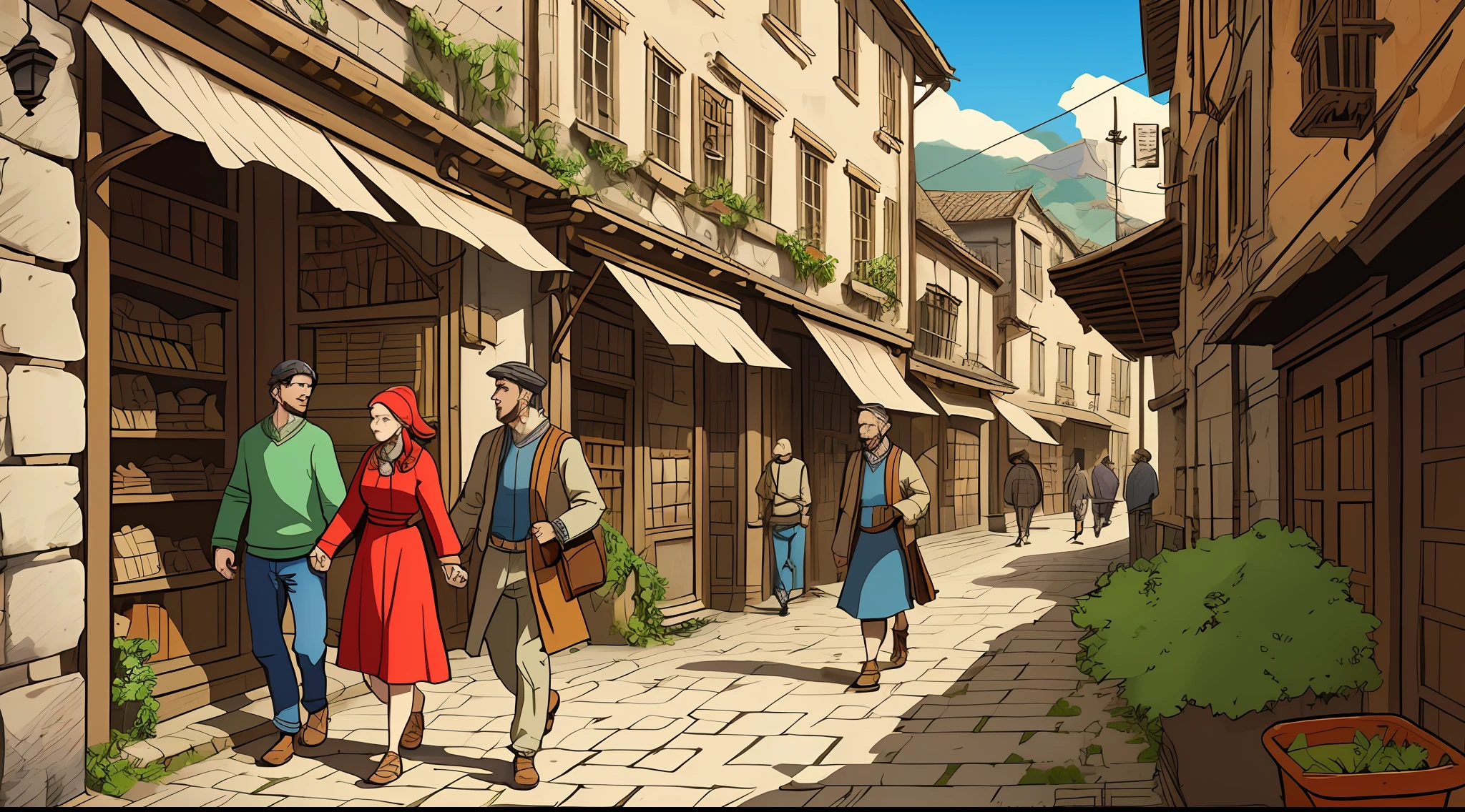 A couple strolling through the ancient streets, illustrated by Herg, tin, pen and ink comic style