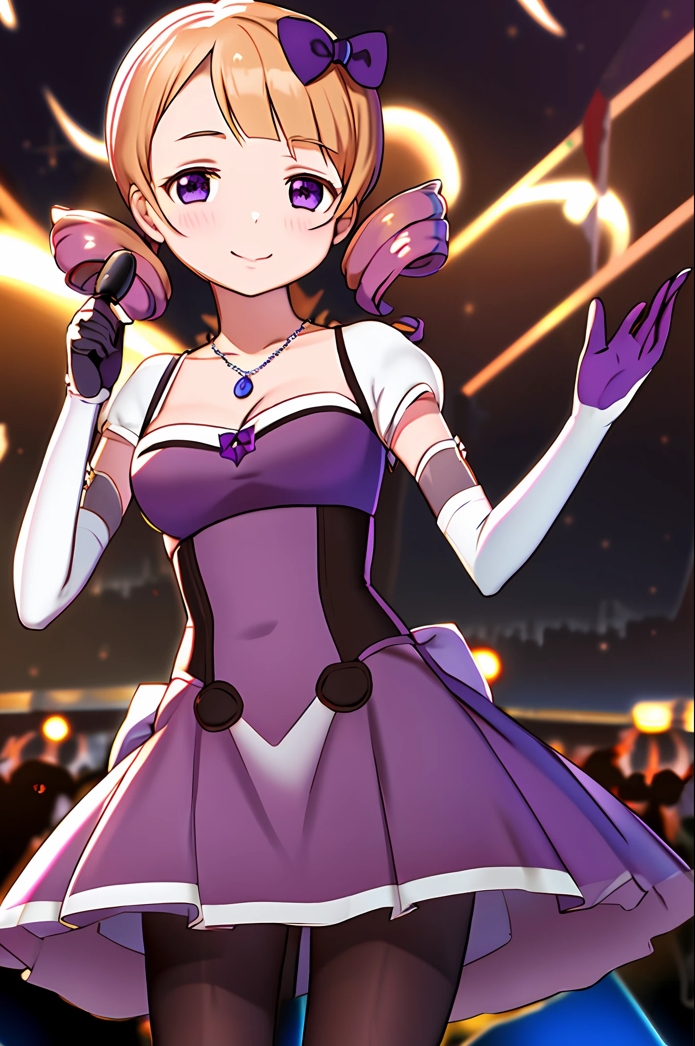 masterpiece, best quality, highres, sumire2, tiara, drill hair, solo, elbow gloves, white pantyhose, purple dress, cleavage, purple gloves, pearl necklace, blunt bangs, puffy short sleeves, bow, medium breasts, cowboy shot, on the stage, microphone, singing, smile,