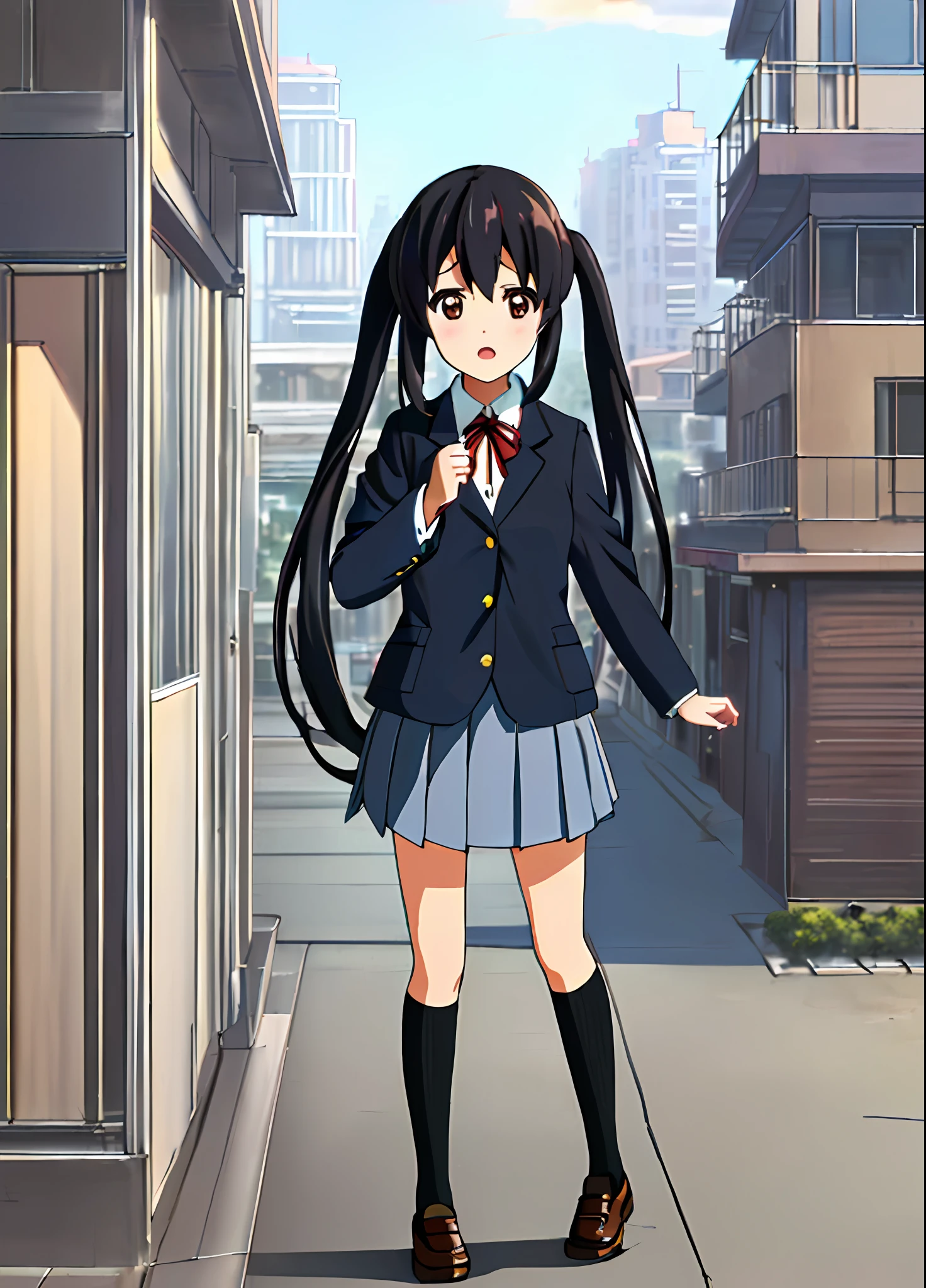 1girl, ((((Masterpiece))), Best Quality, Best Quality, High Detail, Azusa Nakano, 1girl, Sakuragaoka High School Uniform, Musical Instrument, School Uniform, Twin Tails, Long Hair, Black Hair, Brown Eyes, Solo, Red, Dark blue blazer with a thin ribbon of red, Solid white button shirt under blazer, Illustration, Cartoon, Soothing tones, Muted colors, Soft cinematic light, Adobe Lightroom, Photo Lab, HDR, complex and highly detailed, (((depth of field))))). (((Masterpiece))). (((highest quality))).) ((super detail))). (((Illustration))). (((Outside))). (((fighting stance))).,((((Giantization))).dynamic focus.small breasts. (((skyscrapers))). (((Cityscape))). (((Face of sadness))). open mouth.
