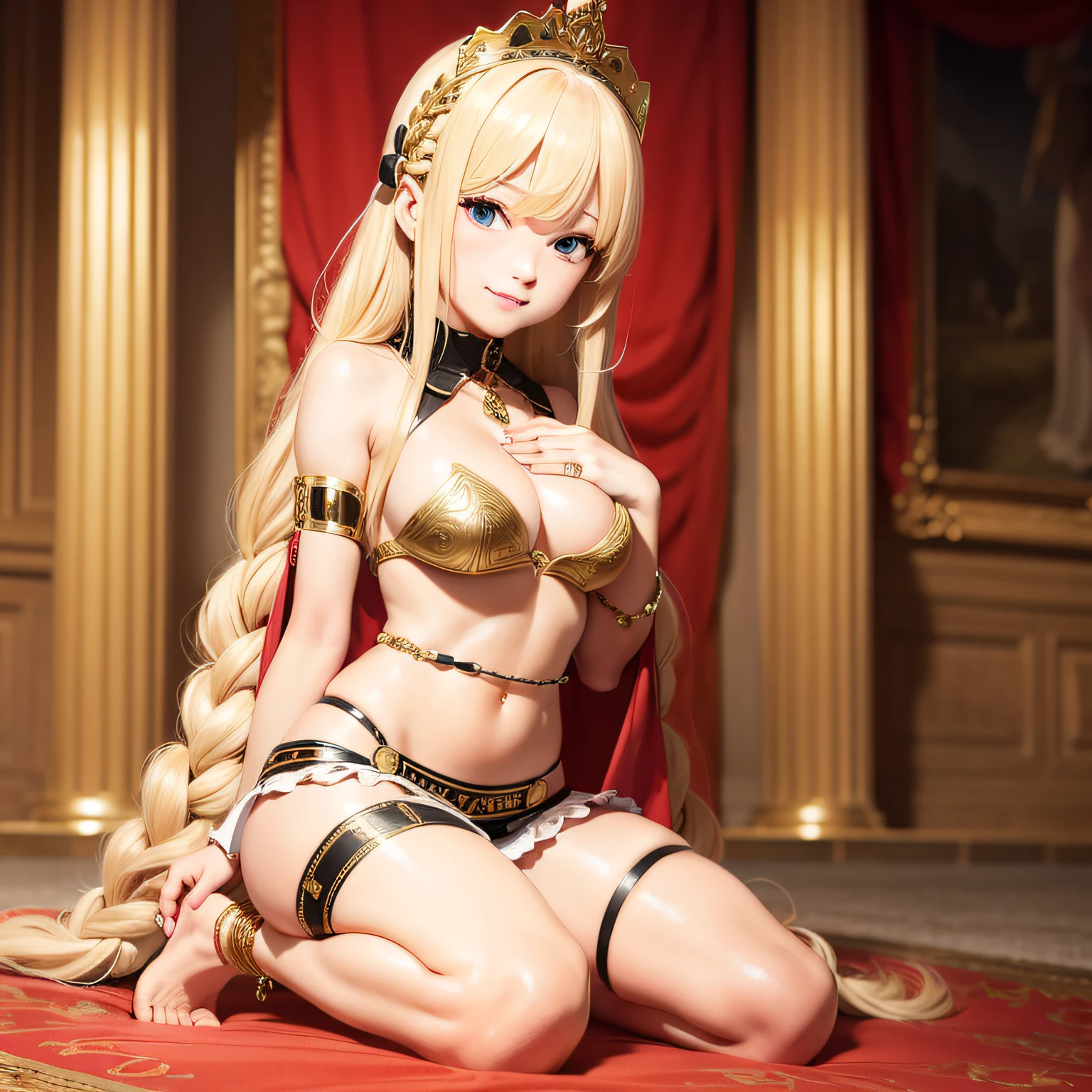 solo focus, a blonde princess with long braided hair disguises herself as a slave girl, slave collar, silk harem disguise, barefoot, mischievous, palace
