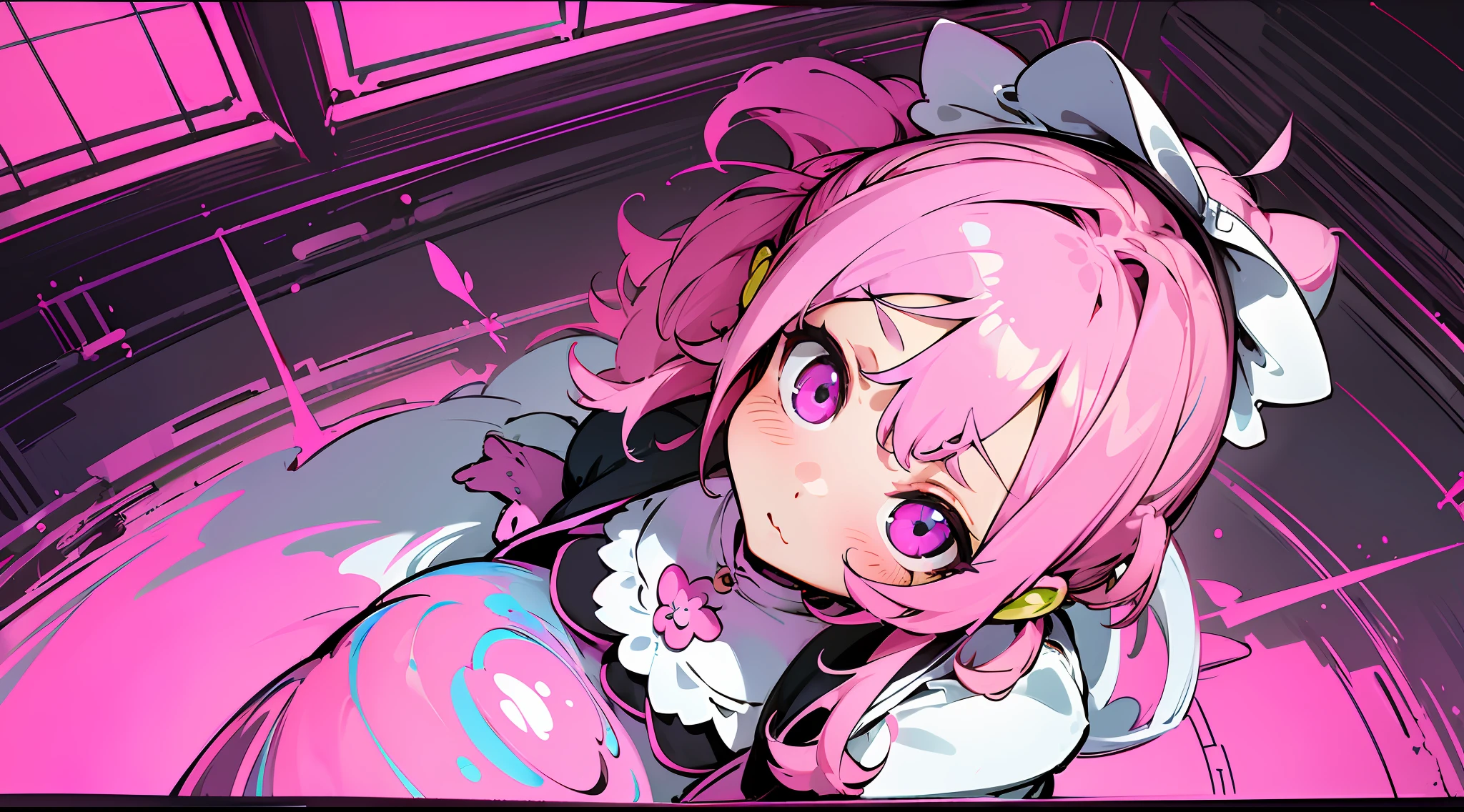 ((Best Quality)), (((Flat Color))), Thick Silhouette, Bright and Soft Diffuse Light, Depth of Field, , ((Upper Body)), From Above, Black and White Maid Outfit, Genki, Shelcom, Pink Hair, Cute Natural Makeup, Art Hair Eyes, Expressive Face, Fisheye