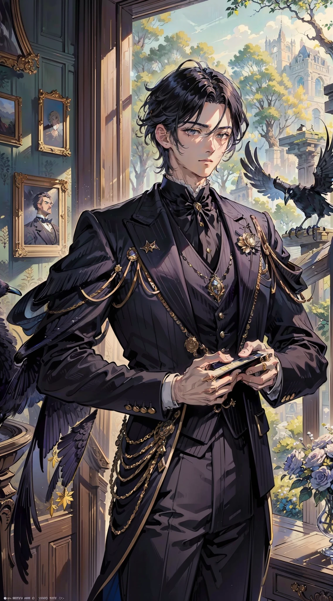 Young man, man, male, super detailed, very detailed, best quality, masterpiece, illustration, an extremely exquisite beautiful, very detailed, CG, solidarity, 8K wallpaper, amazing, fine details, masterpiece, best quality, official art, extremely detailed CGUnity8K wallpaper, boy, crow, gentleman
