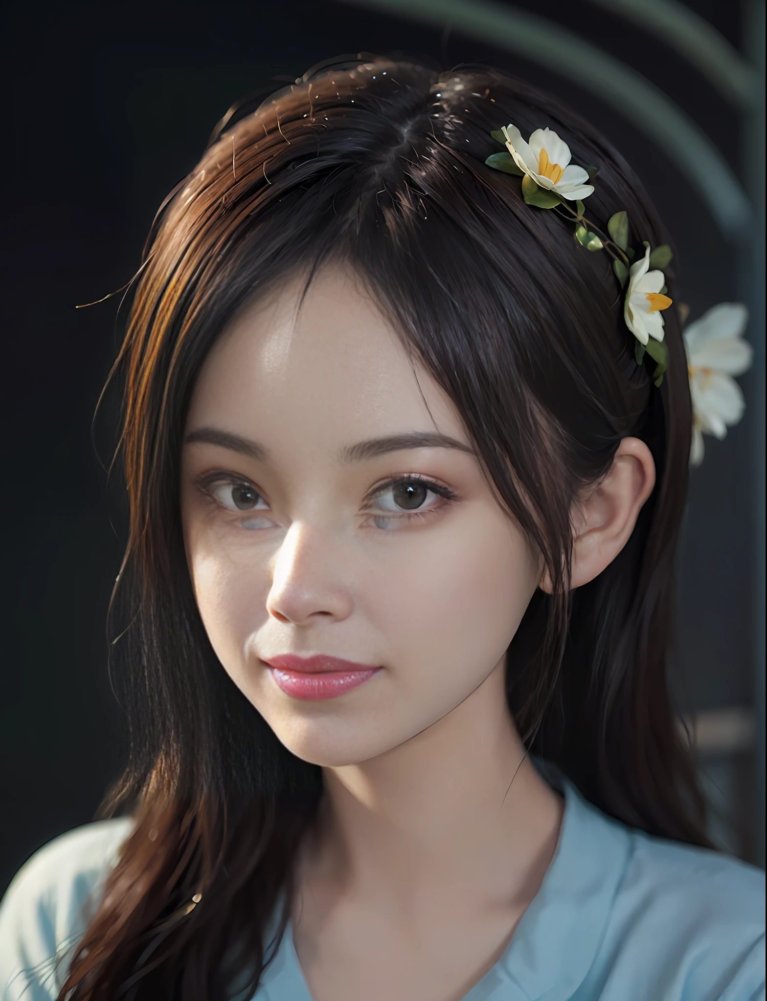 ((((Splashing flowers on the sides and background))) , T-shirt design, realistic style, (((pastel tetradic color)), cute and whimsical, fantasy art, bokeh, soft lighting, camera face view, retro aesthetic, focusing on characters, 4K resolution, photorealistic, dynamic lighting, art station, poster, volumetric lighting, highly detailed face, camera face, focus on face, life expression, female portrait