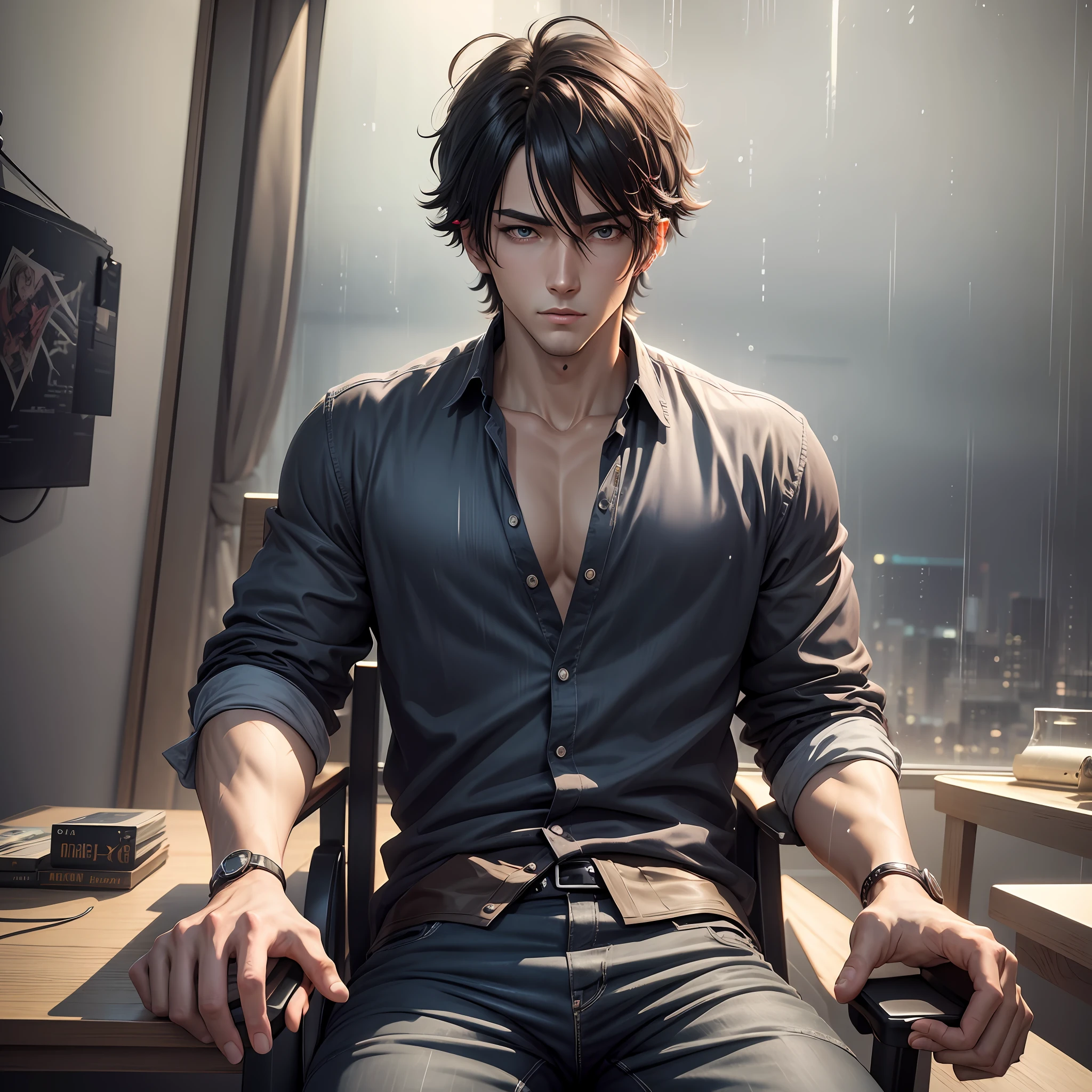 3D, handsome guy sitting on chair in urban room, rainstorm weather outside window, heavy rain, lightning, dim light, rainy day, 4K manga wallpaper, 4K anime wallpaper, anime concept HDR anime McManus, anime handsome guy, anime beauty, inspired by Masanobu Okumura, handsome guy in demon killer art, anime realism style, anime art wallpaper 4 K, anime art wallpaper 4k