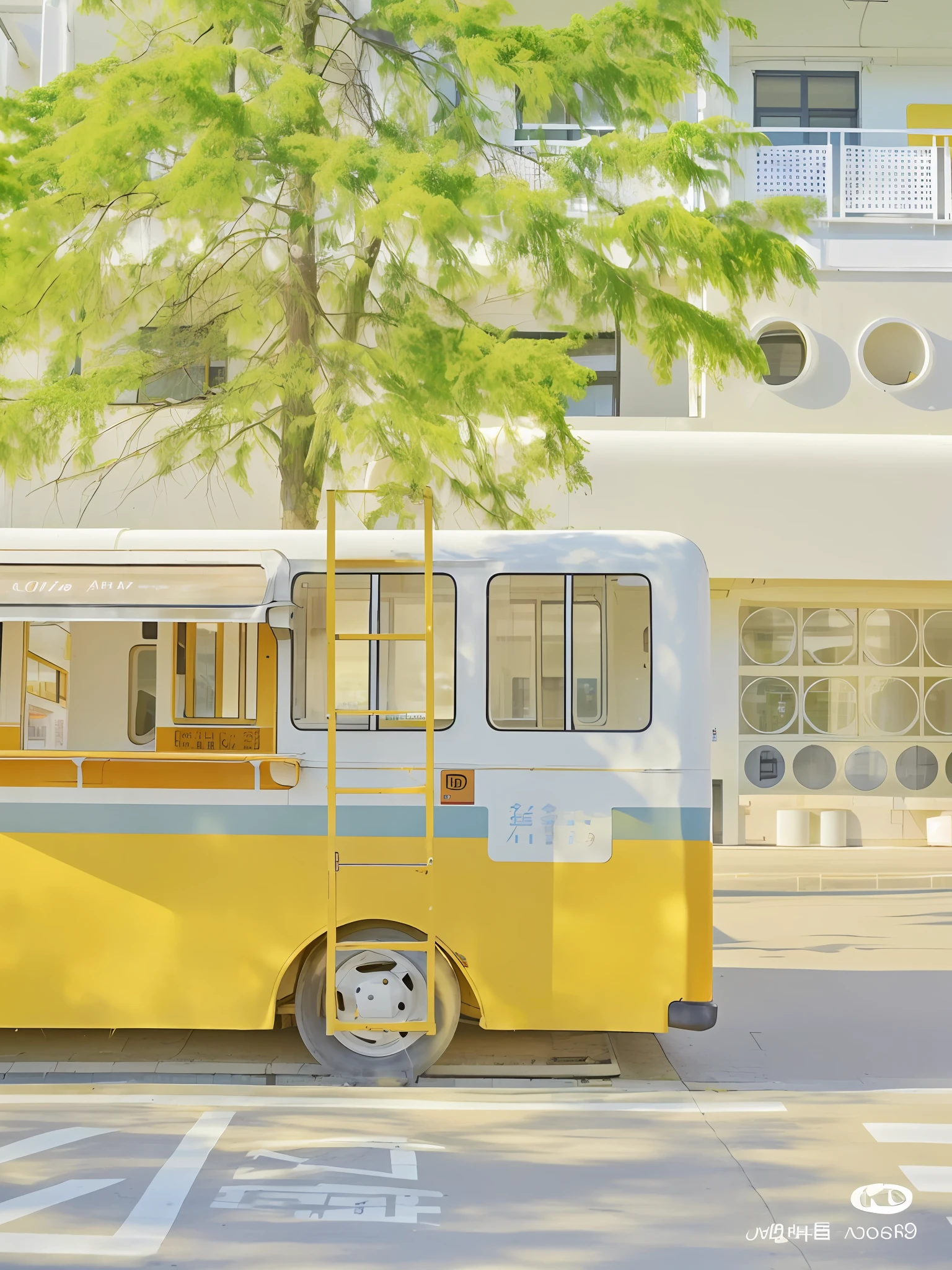 The yellow and white bus stopped in front of a building with trees, white and yellow scheme, on a sunny day, on a bright day, a girl stood there.