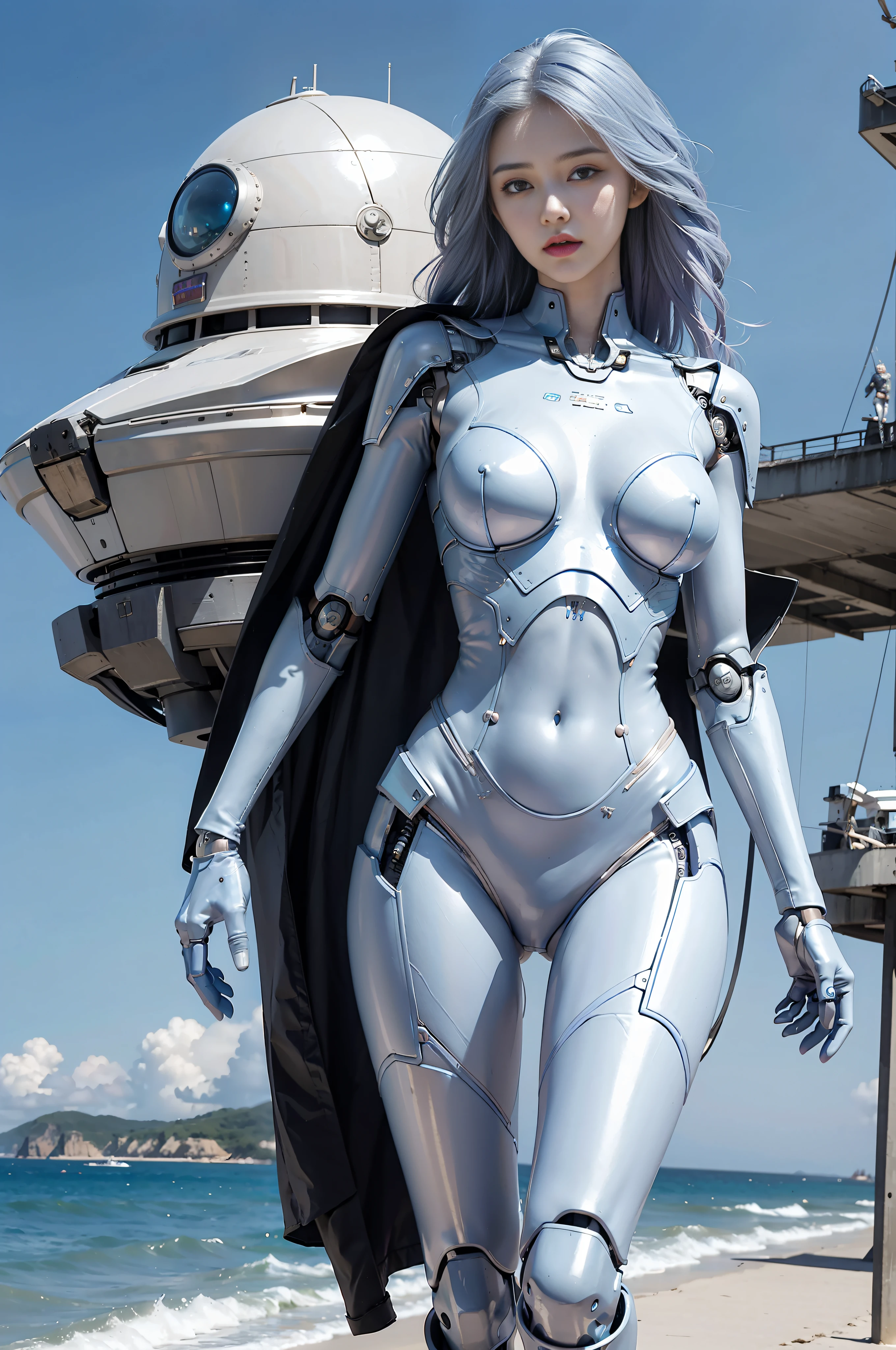 Best quality, delicate face, 25 years old girl, blue-purple gradient hair, slim body, mechanical body, robot skeleton, blonde, seaside, standing, beach, with huge alien spaceship floating in the air, cyberpunk, sci-fi