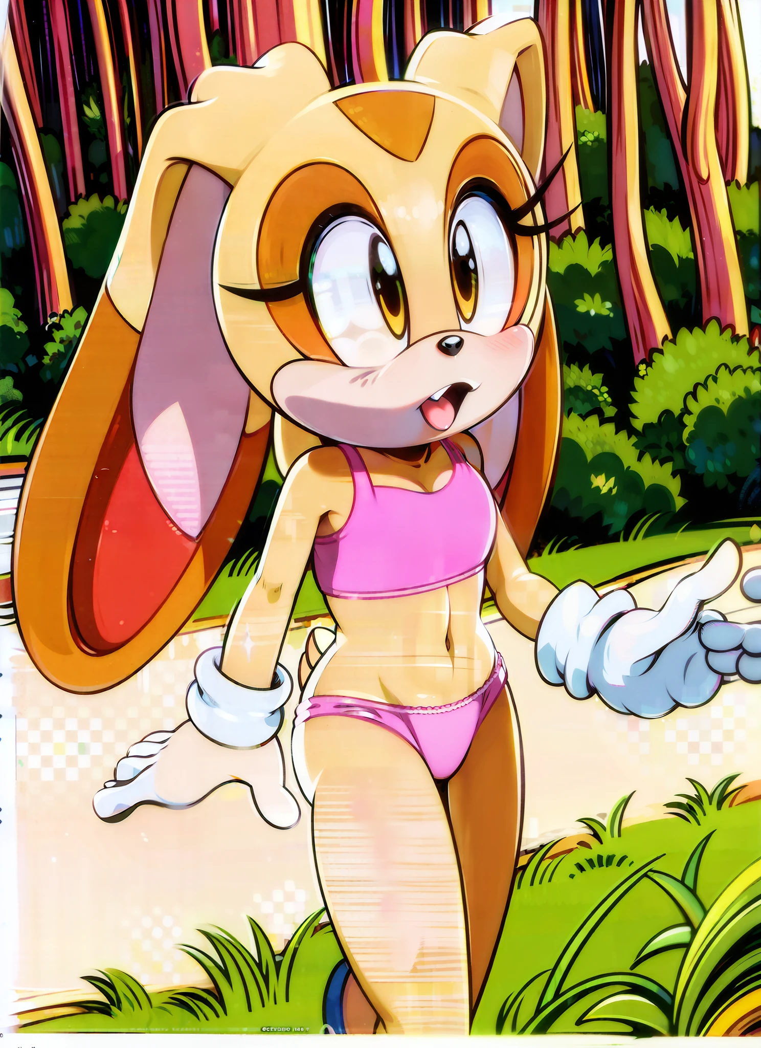 "(((masterpiece))),4k resolution,extremely delicate and beautiful,dynamic angle and pose,(1girl), animal nose, Cream the rabbit,withe sport bra, white panties, sfw, (( thin )), 6 girl, (( thin legs )), alone, looking at viewer, in a forest, white gloves