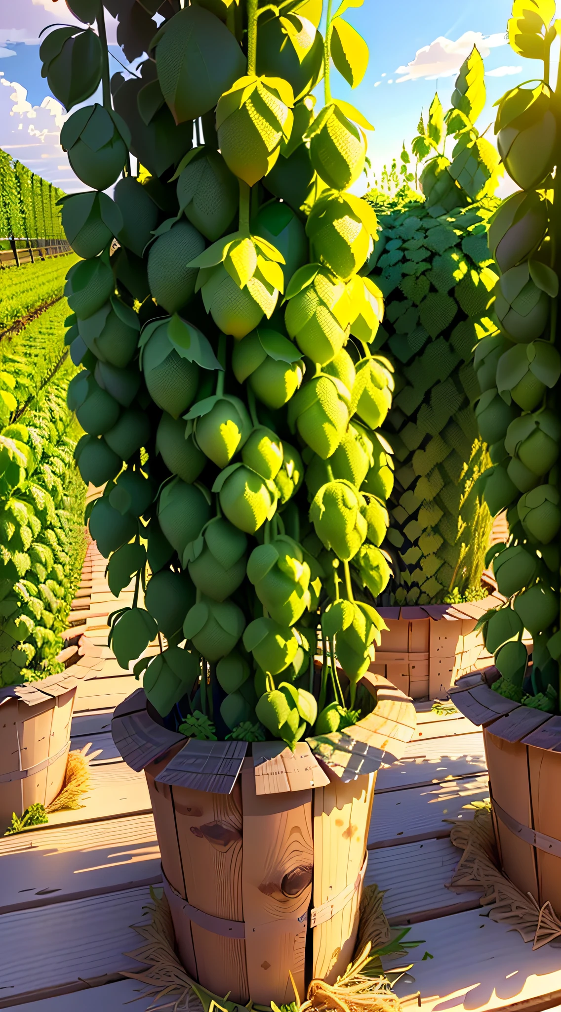 Masterpiece, best quality, (very detailed CG unity 8k wallpaper), (best background image), (best shadow), farm theme with natural elements. ((hop farm)), hops close-up, very clear