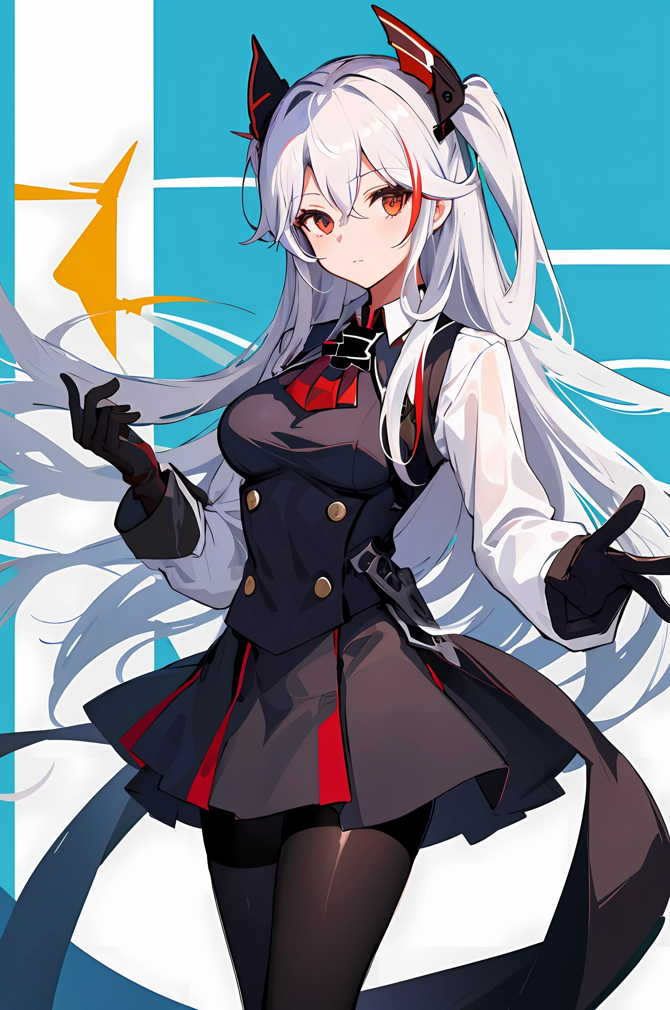 1girl, medium breasts, standing, black_gloves, 
Prinz Eugen, school uniform, sea, white hair, pantyhose, white shirt, black vest, ((masterpiece, best quality))