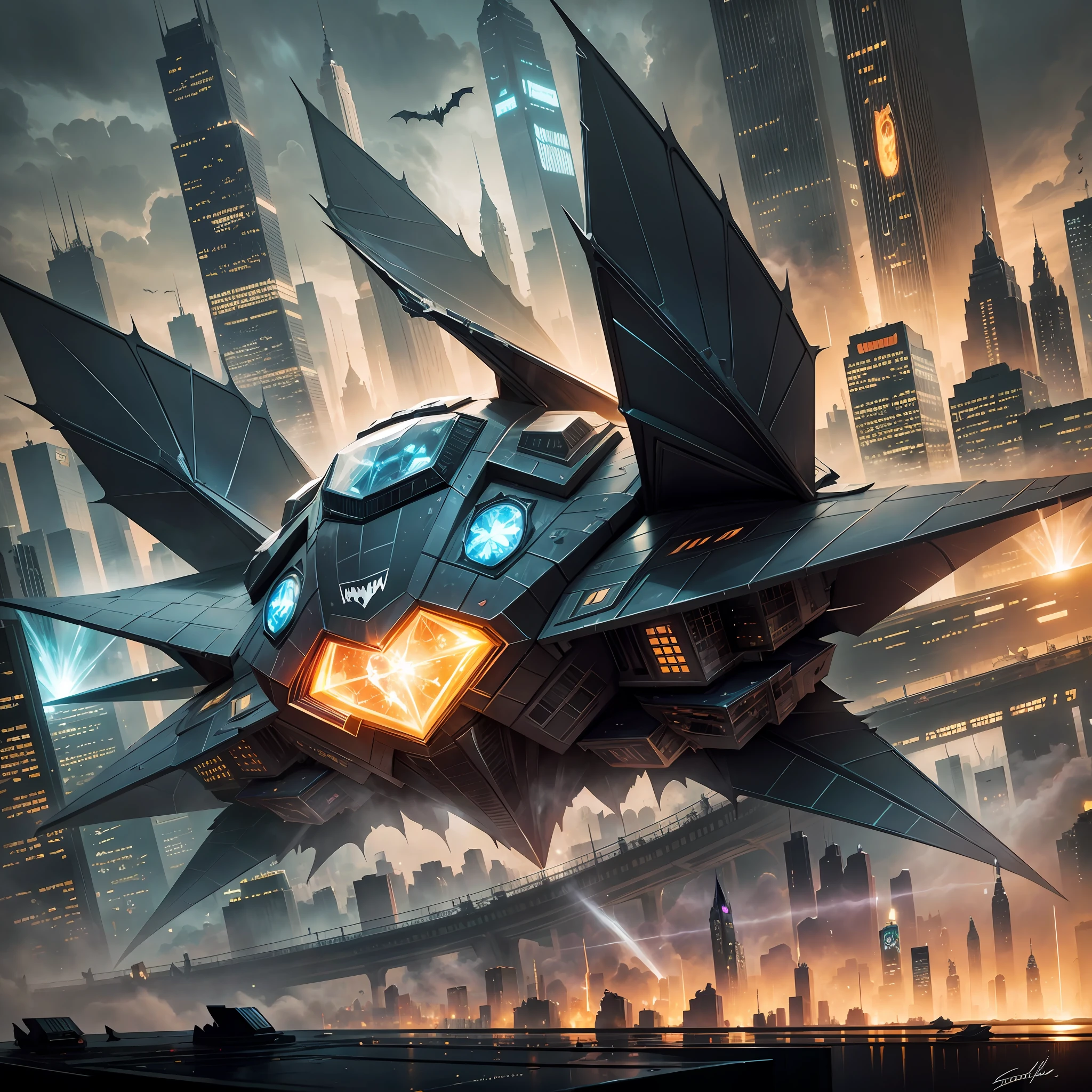 Gotham city, bat mobile, Crystal and Energy and Light themed, epic splash art , plasticien, , abstract --auto --s2