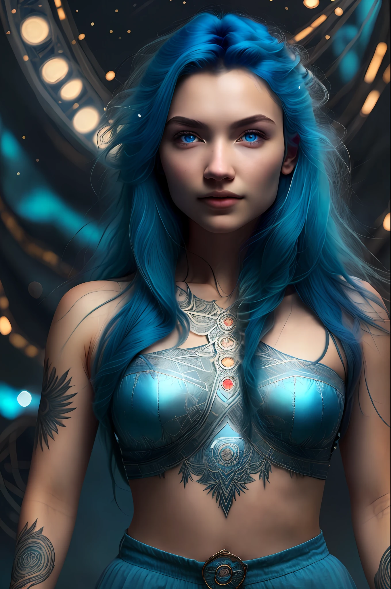 (Masterpiece, Best Quality, Ultra Detailed, High Resolution, Best Illustration), 1 Girl, Absolutely Beautiful, Female Focus, Solo, Facial Hair, Blue Hair, Blue Eyes, Long Hair, Shut Up, Beard, Side Light, Glow Skin, (Glow), (Shiny Skin, Setlik Elements, Nordic Heritage), Ray Tracing, Shirt, Windswept Hair, Detailed Hair, Detailed Face, depth_of_field, Very Detailed Background, Extreme Light and Shadow, (Detailed Eyes) , Perfect Anatomy, (Zendra, Mandala, Tangled, Tangled), Dynamic Angle, Wide Angle, Upper Body, Cityscape, Extreme Light and Shadow, ht Sky