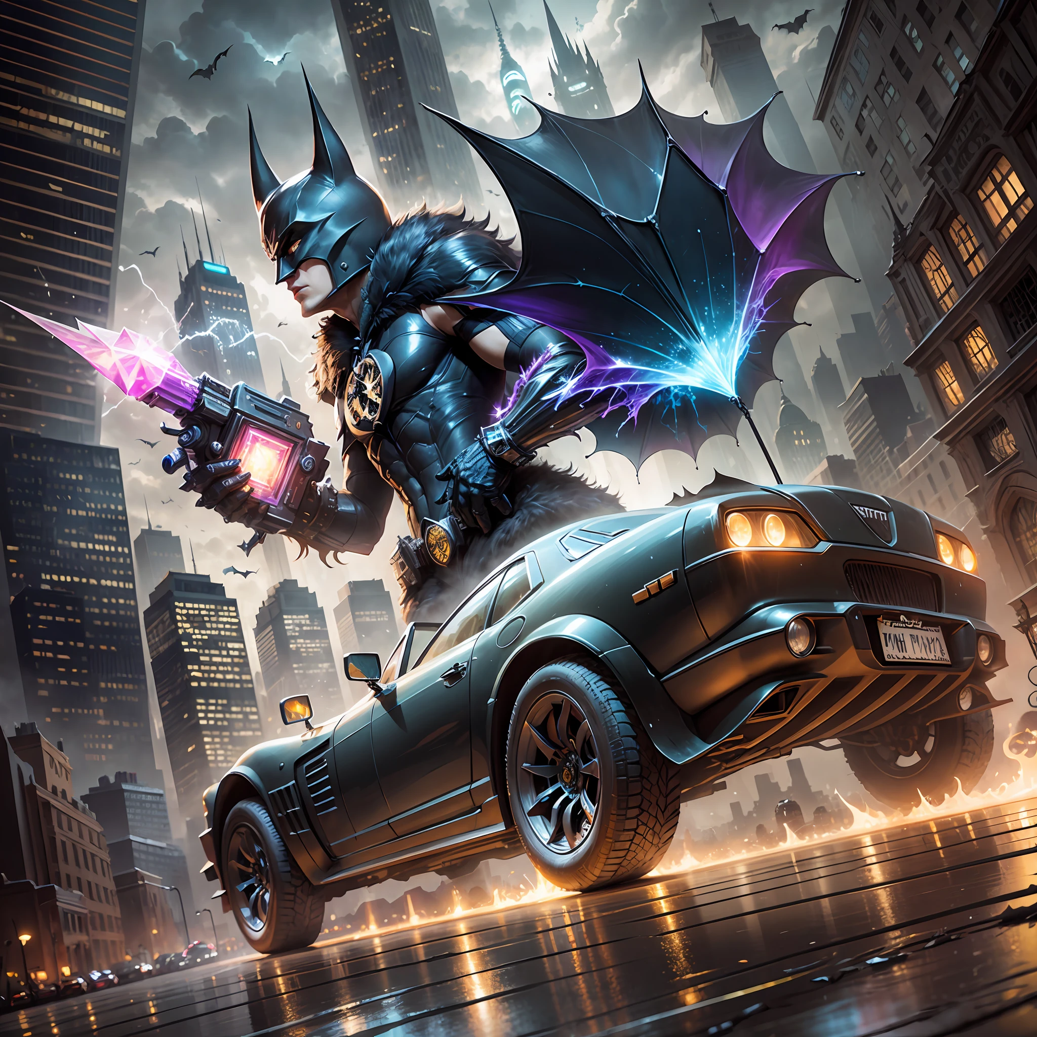 Gotham city, bat mobile, Crystal and Energy and Light themed, epic splash art , plasticien, , abstract --auto --s2