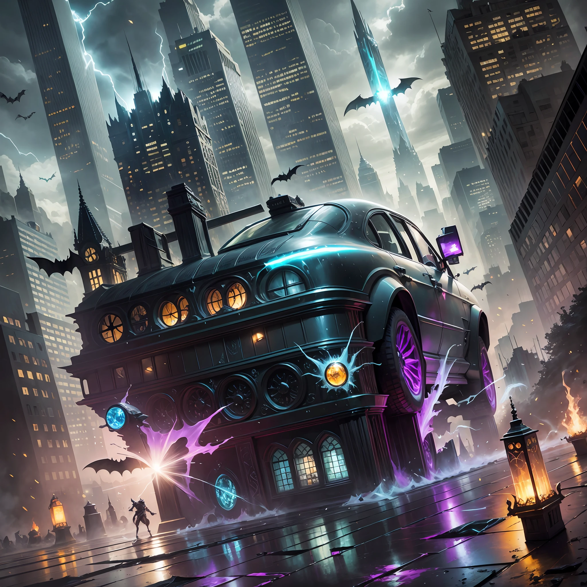 Gotham city, bat mobile, Crystal and Energy and Light themed, epic splash art , plasticien, , abstract --auto --s2