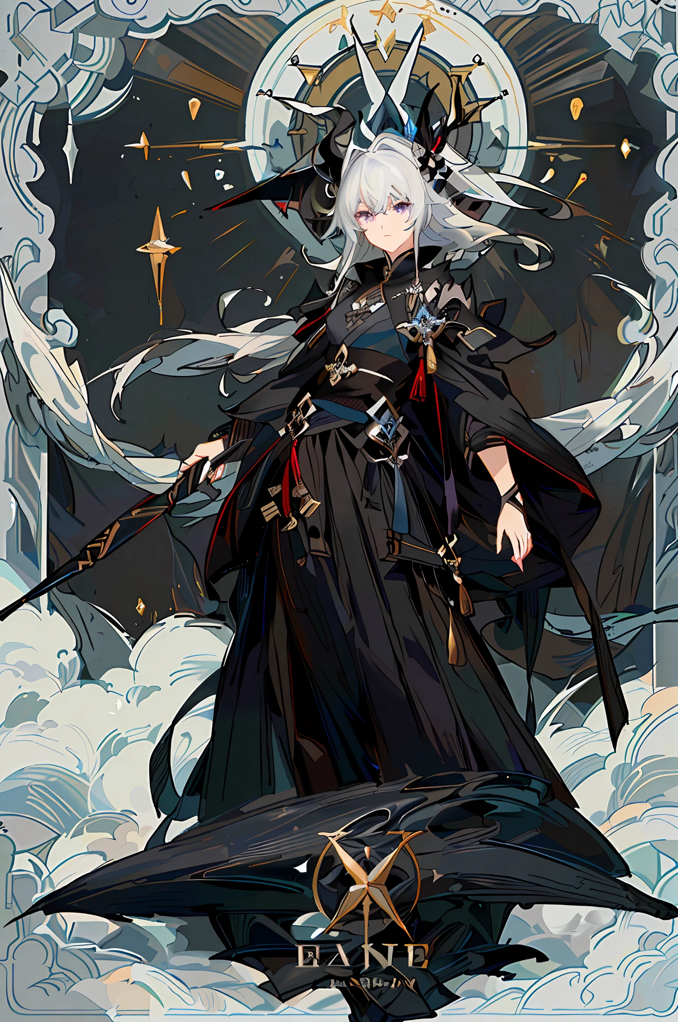 Alphad image of a woman holding a sword in a black dress, from the night of the ark, the beautiful male god of death, the white-haired god, Yang J, pop in the art station pixiv, Keqing from Genshin Impact, Onmyoji Detailed Art, from Girl Front, Beautiful Celestial Mage, Dark Witch Character, Anime Fantasy Illustration, Zero Zen Art, Ark Night, Purple Eyes, Solo,