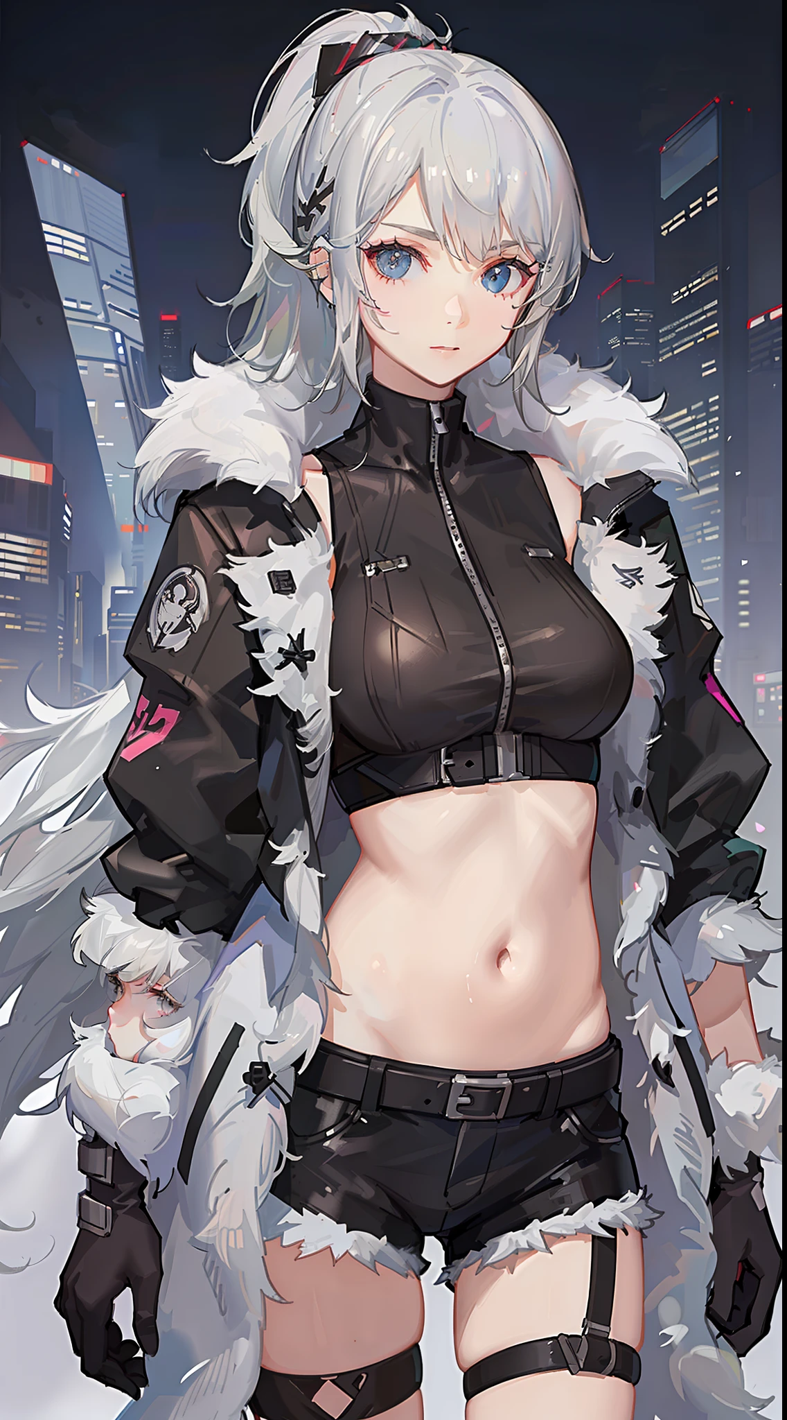Young girl, short gray hair, gray eyes, high ponytail, cyberpunk, white top, open belly, shorts, furcoat, masterpiece, high quality, SilverWolf