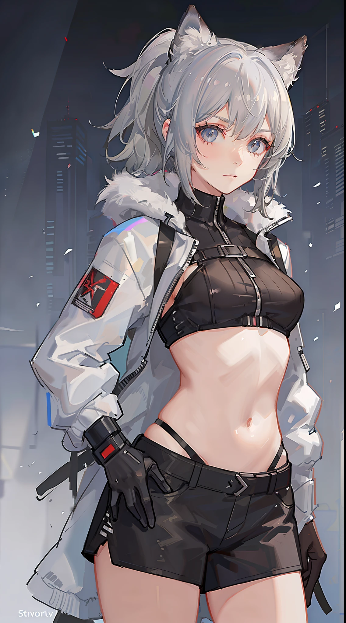 Young girl, short gray hair, gray eyes, high ponytail, cyberpunk, white top, open belly, shorts, furcoat, masterpiece, high quality, SilverWolf