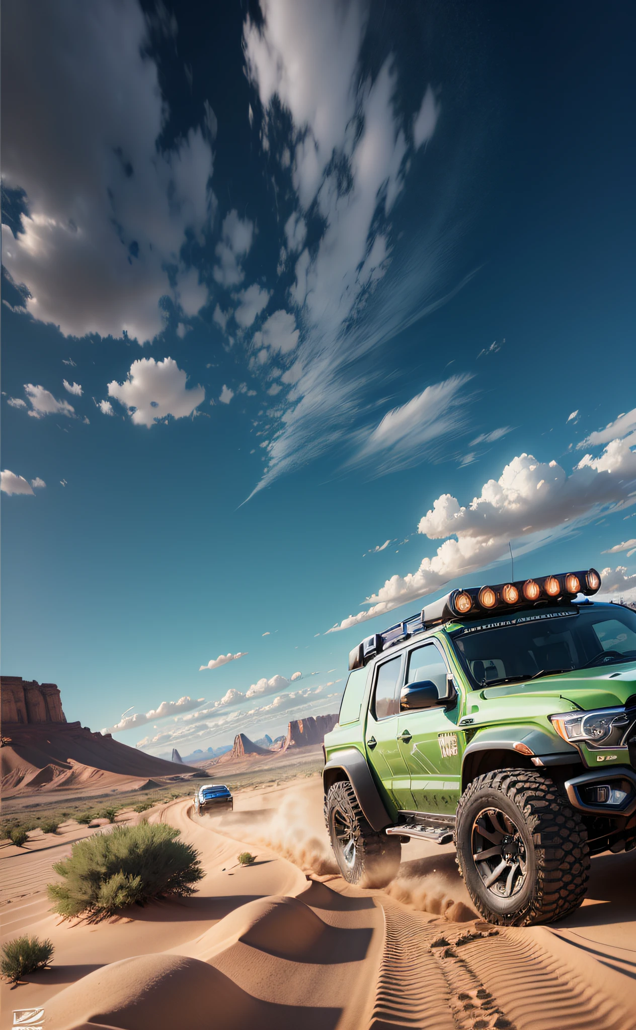 Three SUVs driving on dirt road with clouds in background, adventure ultra-realistic rendering, vehicle photography, octane rendering, octane rendering, surreal rendering, realistic cinematic rendering, super realistic "car photography, realistic CGI rendering, hyperwrite", amazing special effects, poster, aperture, bokeh background, game, audacity, buggy, 8K,, competitive, mountain, sky, desert, oasis, racing, gorgeous special effects --auto --s2