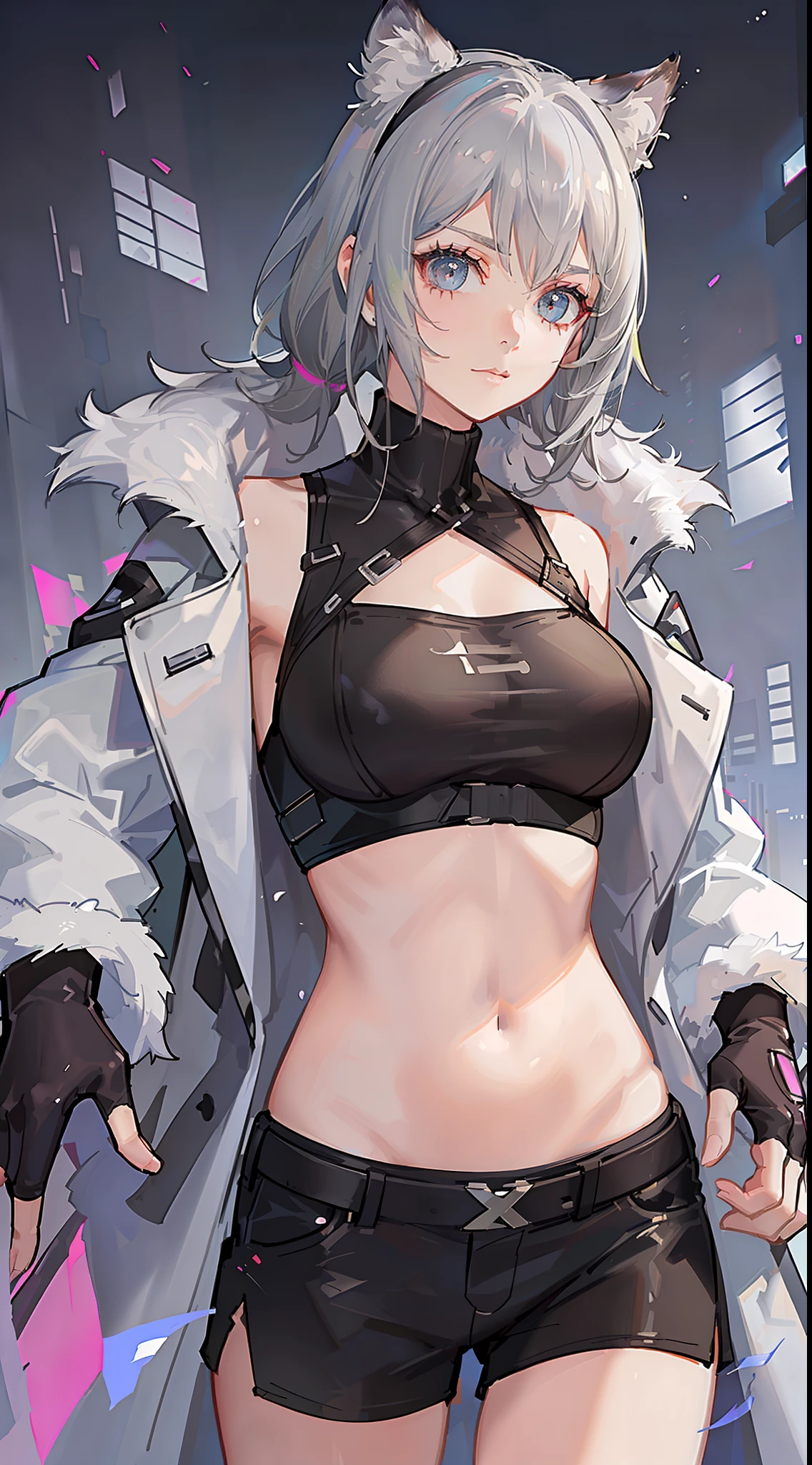 Young girl, short gray hair, gray eyes, high ponytail, cyberpunk, white top, open belly, shorts, furcoat, masterpiece, high quality, SilverWolf