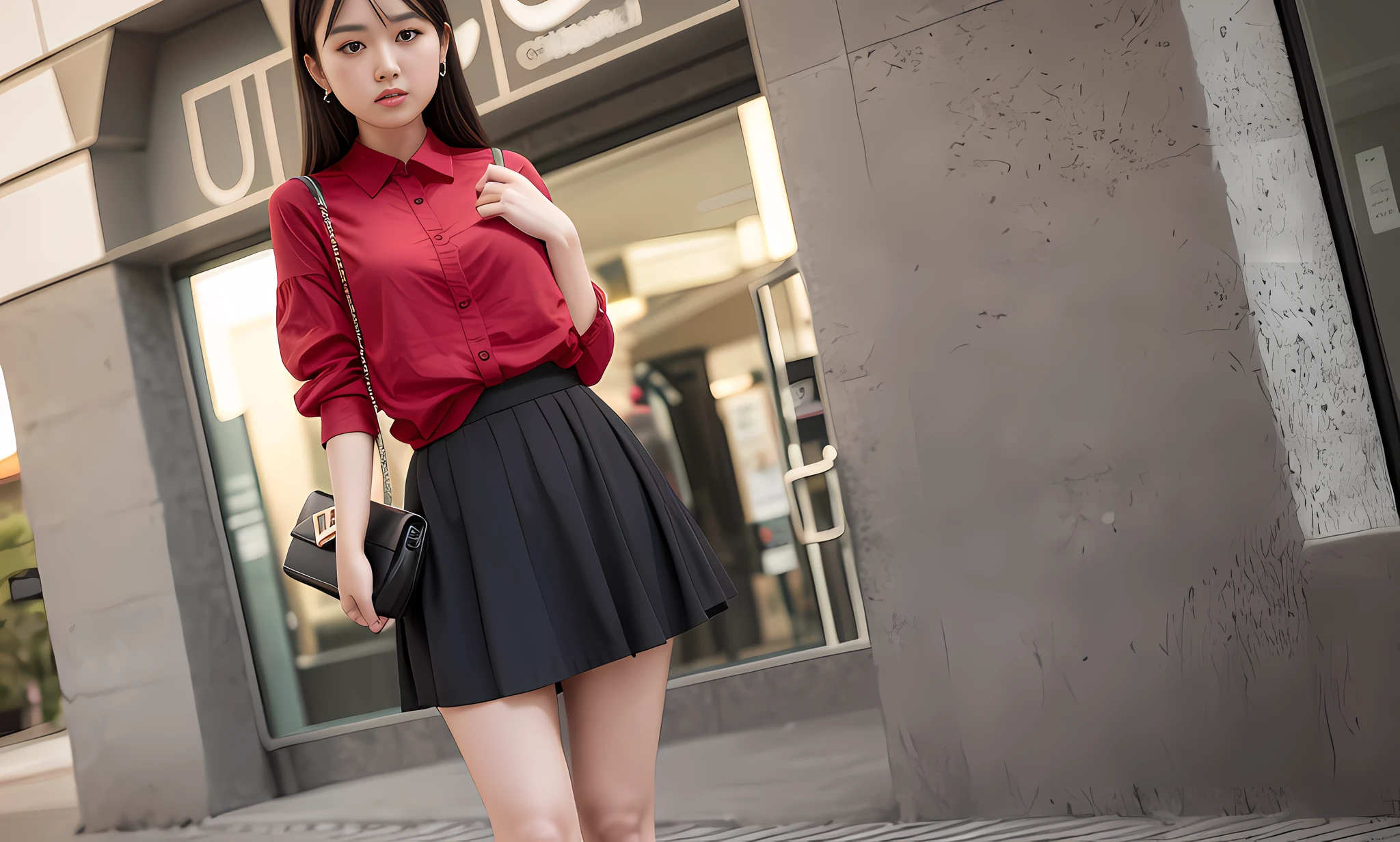 24 years old, very cute, Araf woman with purse in red shirt and black skirt, mini skirt, mini skirt, [realistic picture]!, short skirt, legs visible, plaid skirt, beautiful short skirt, short mini skirt, short skirt length, wearing skirt, taken with Canon EOS 5d