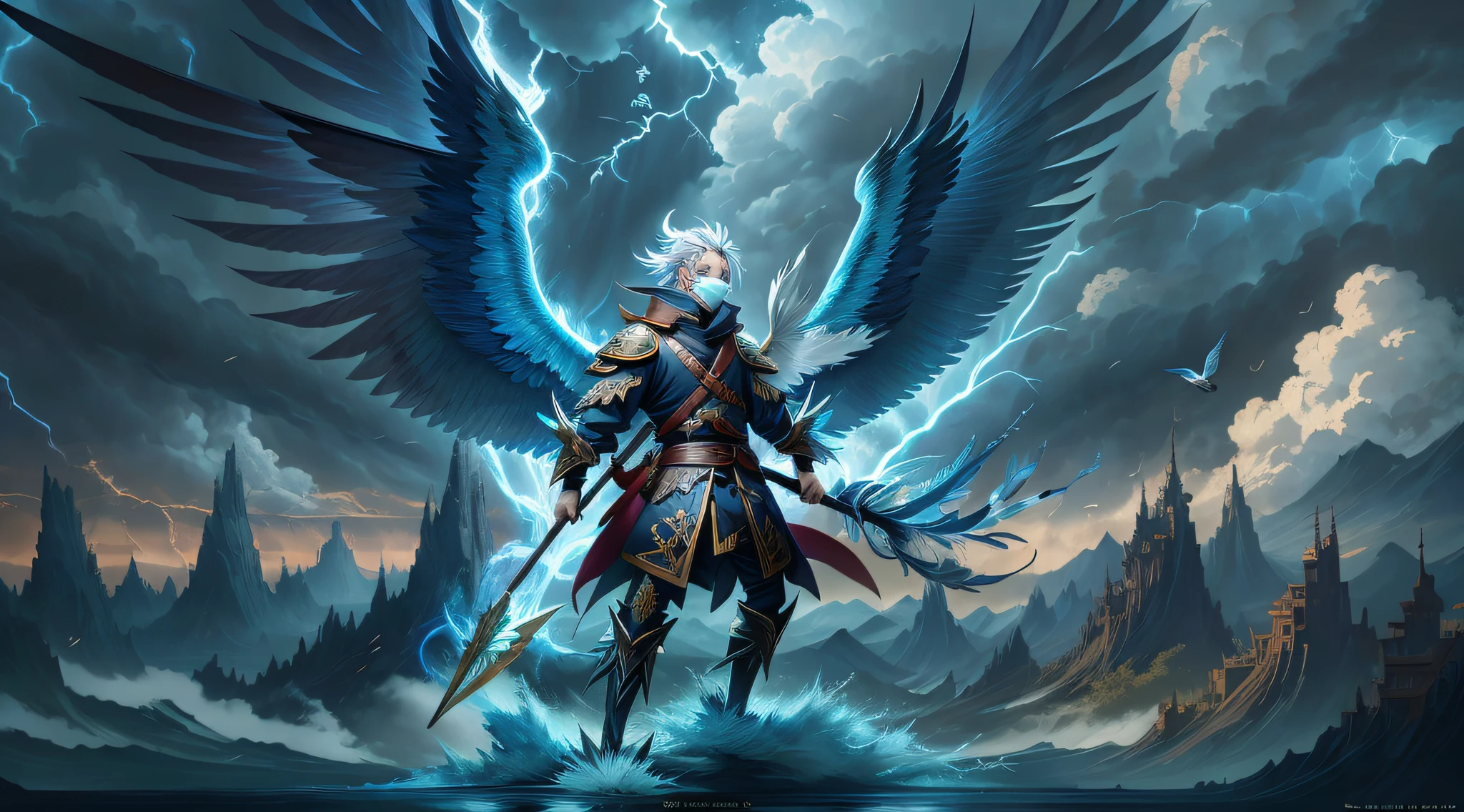 Masterpiece, superlative,, with a long stick, 2. 5d CGI anime fantasy artwork, thunder shock, onmyoji detailed art, anime fantasy illustration, bird warrior, with mask, with a pair of wings, complete art, lightning, sky, handsome boy